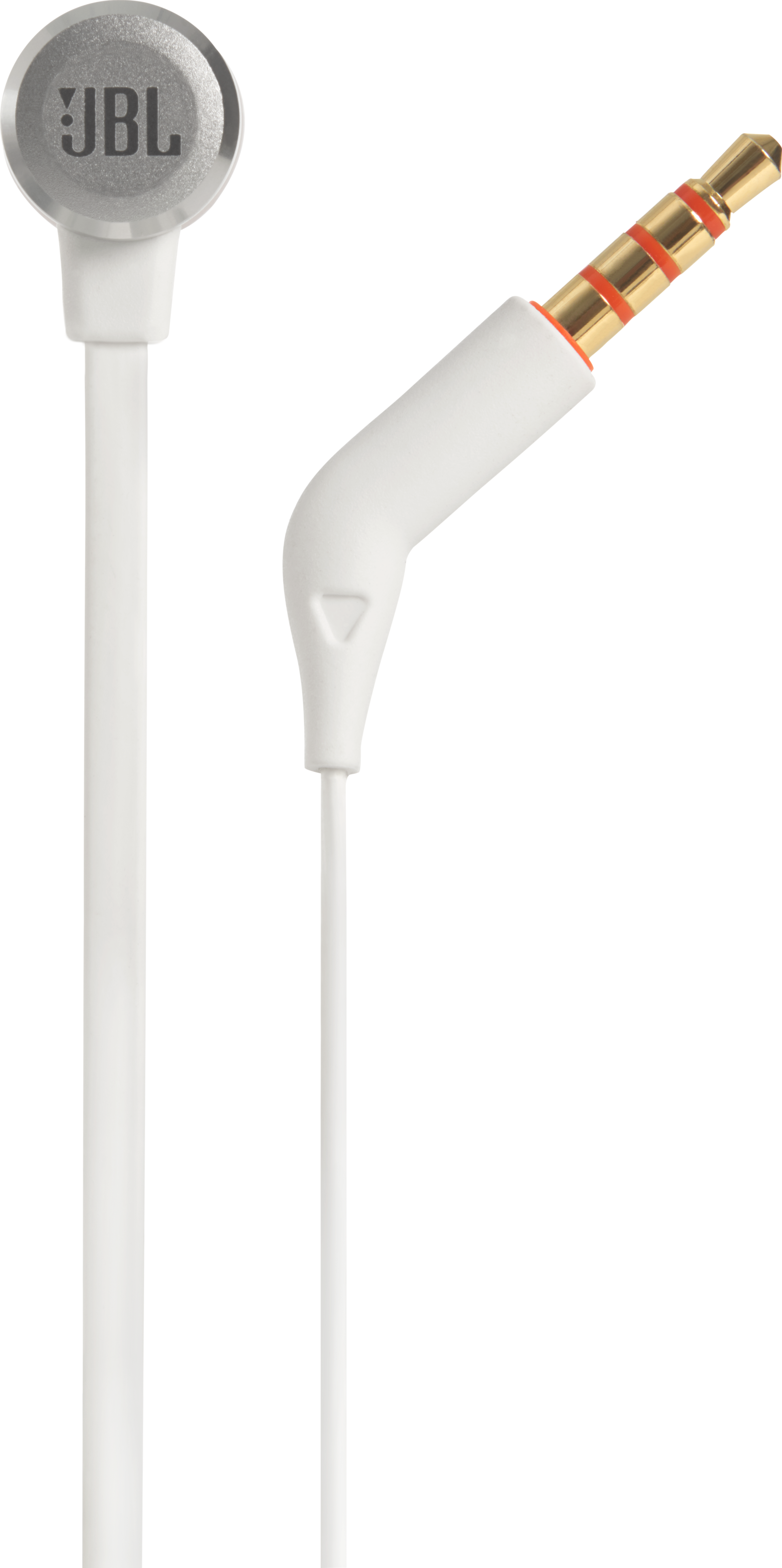 Weiße JBL-Ohrhörer mit silbernen Akzenten und einem goldfarbenen Audio-Jack. Das Kabel und der Stecker sind weiß.
