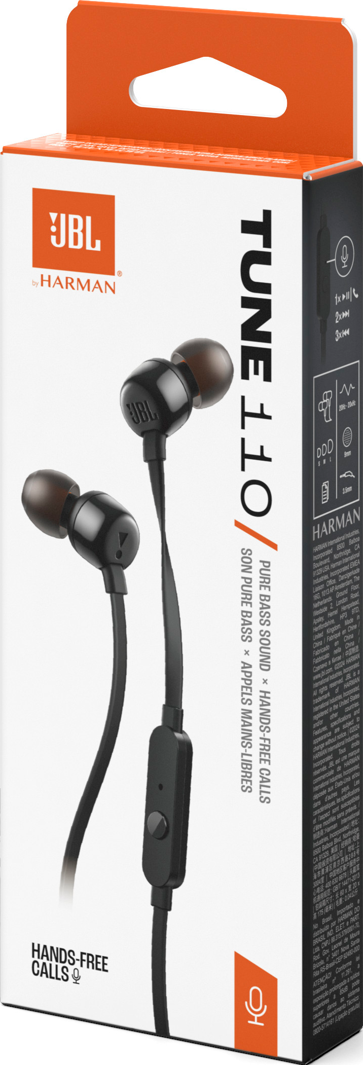 Schachtel mit schwarzen JBL Tune 110 Kopfhörern. Logo und Text sind vorhanden. Weiße und orange Farben.