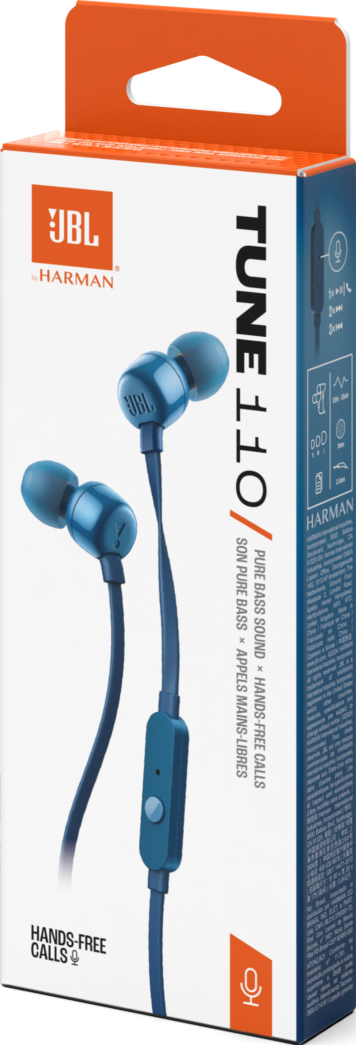 Schachtel mit blauen JBL Tune 110 Kopfhörern. Die Schachtel ist orange und weiß.