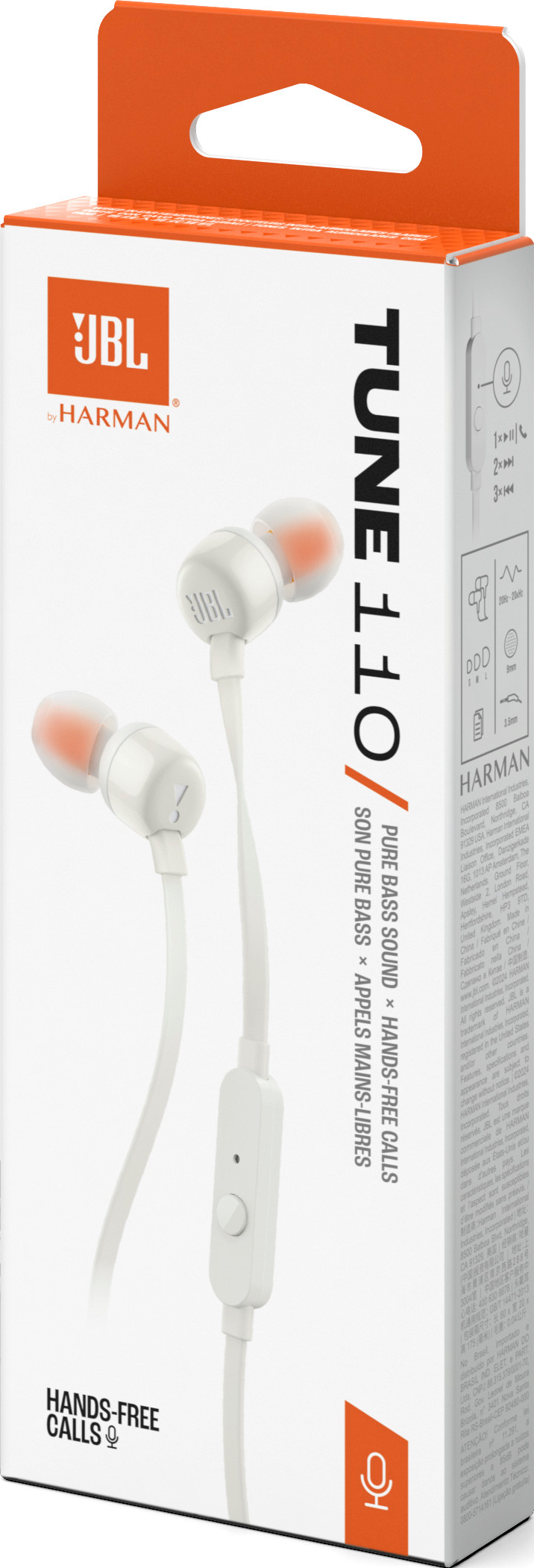 Weiße JBL Tune 110 Ohrhörer in einer weiß-orangen Box. Auf der Box ist das JBL-Logo und Produktinformationen.
