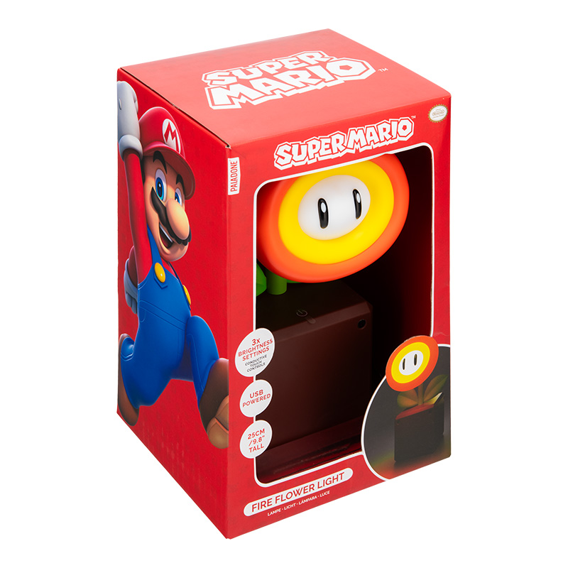 Ein Super Mario Feuerblumenlicht in einer roten Box. Mario ist auf der Box. Das Licht ist orange und gelb.