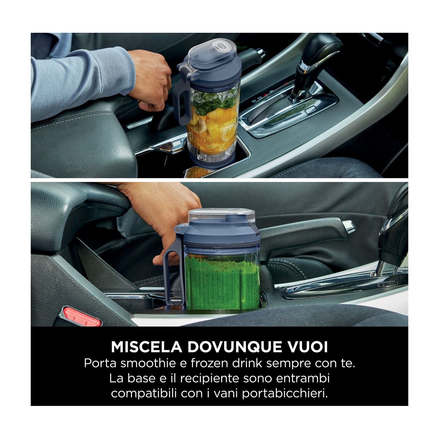 Una persona in auto tiene un contenitore per frullati. Il contenitore è in un portabicchieri. Il frullato contiene frutta e verdura.