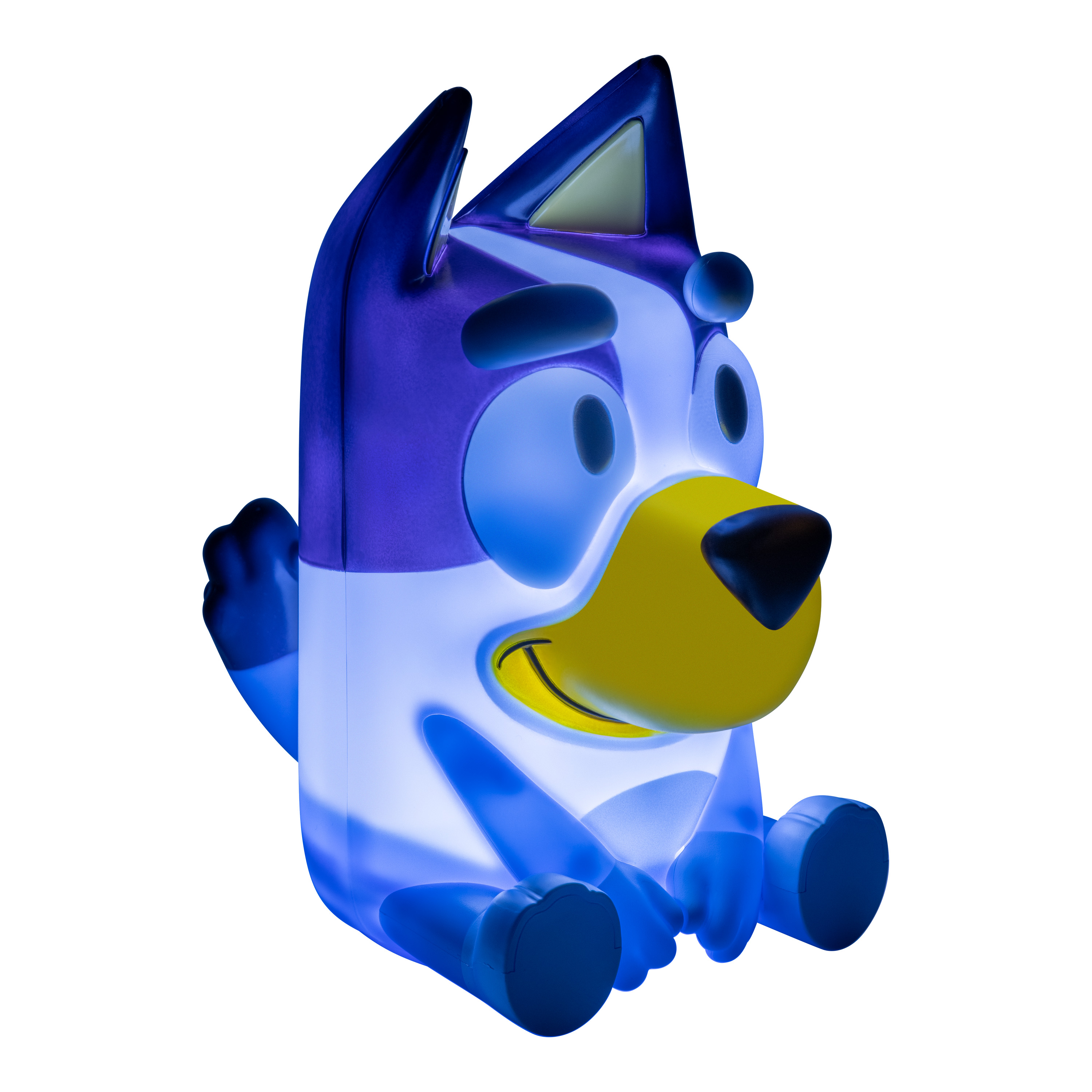 Ein blaues, leuchtendes Zeichentrickhund sitzt. Es hat eine gelbe Nase und einen lächelnden Mund. Auf weißem Hintergrund.