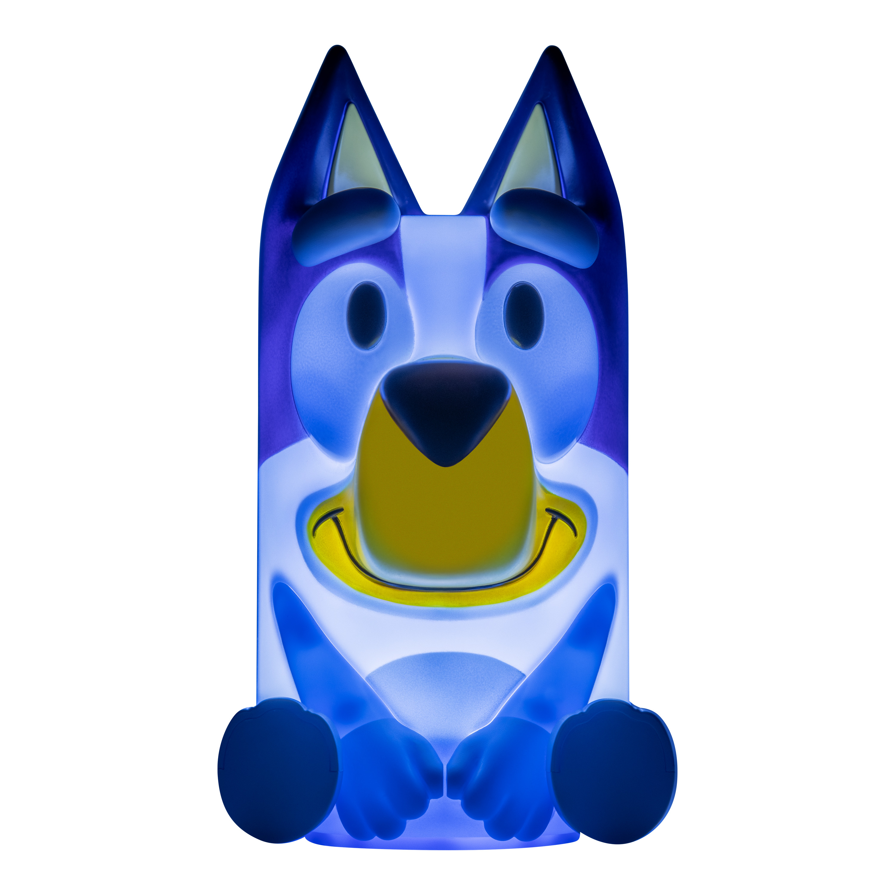 Bluey-förmige Lampe. Blaues und weißes Hundegesicht mit schwarzen Augen und Nase, gelbem Mund. Hände und Füße unten.