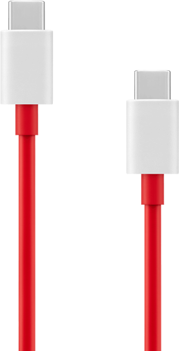 Két USB-C kábel. Mindegyik fehér csatlakozóval és piros kábellel rendelkezik. A háttér világos piros és szürke.