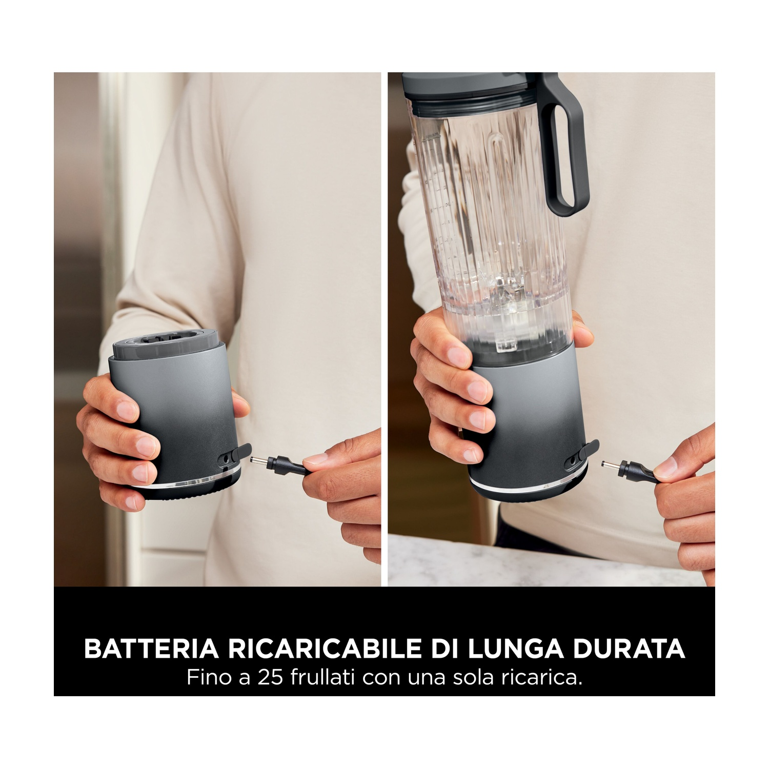 Due mani tengono parti di un frullatore, collegando il cavo di ricarica. Il testo in basso recita: Batteria ricaricabile, fino a 25 frullati.