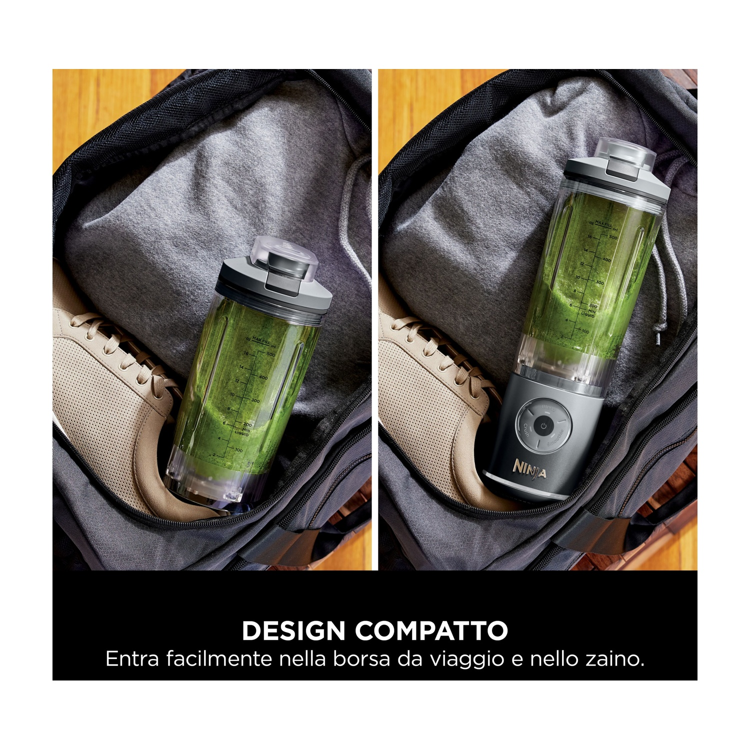 Due immagini mostrano un frullatore con contenuto verde in uno zaino. Il frullatore è grigio e nero. È visibile anche una scarpa.