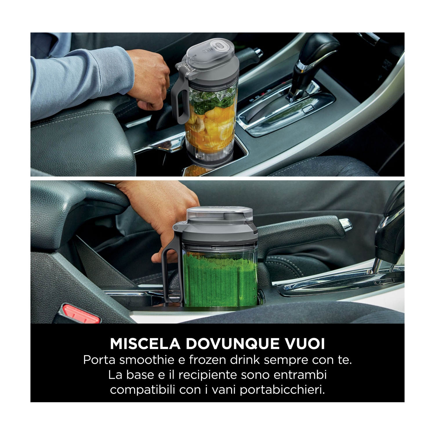 Un bicchiere di frullato nella console di un'auto. Il bicchiere è pieno di frutta gialla e verde. Una mano tiene il bicchiere.