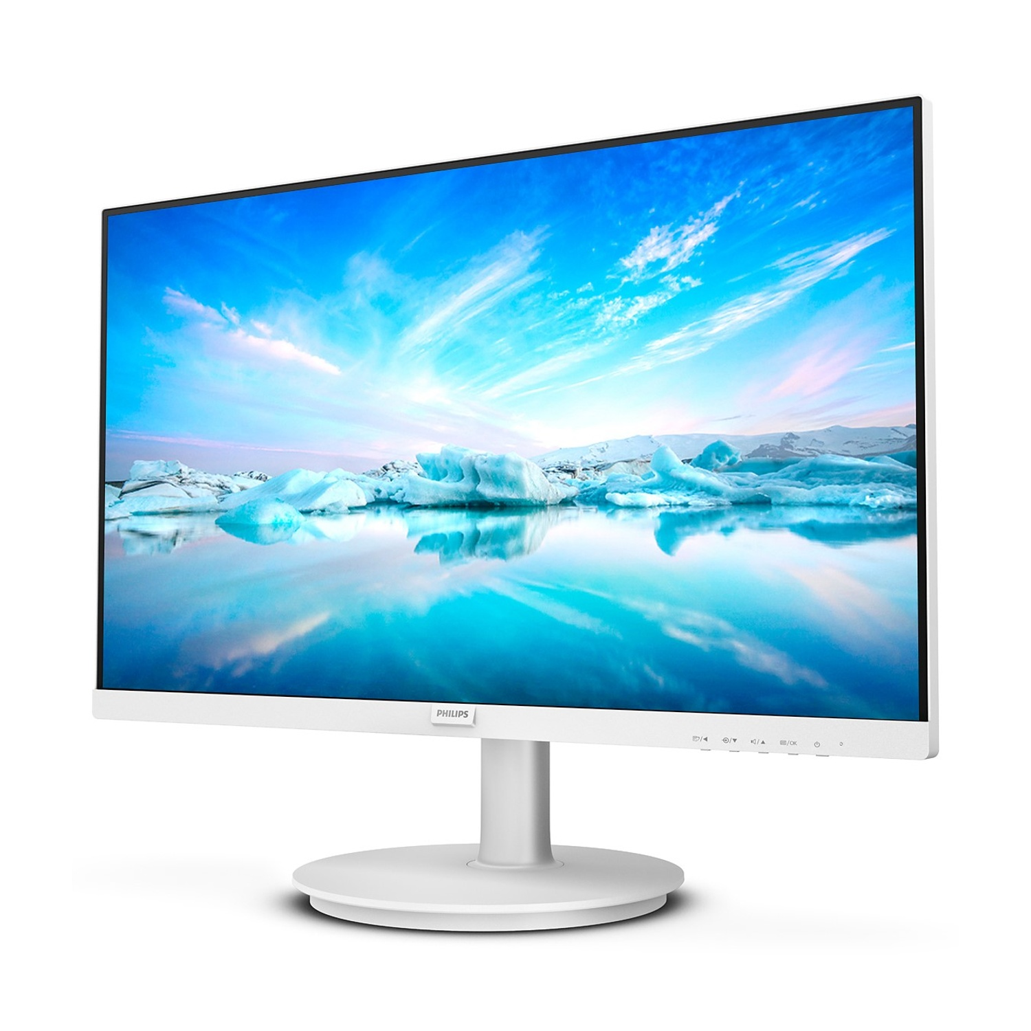 Un monitor Philips bianco mostra un paesaggio glaciale con iceberg sotto un cielo blu. Il monitor è su un supporto bianco.