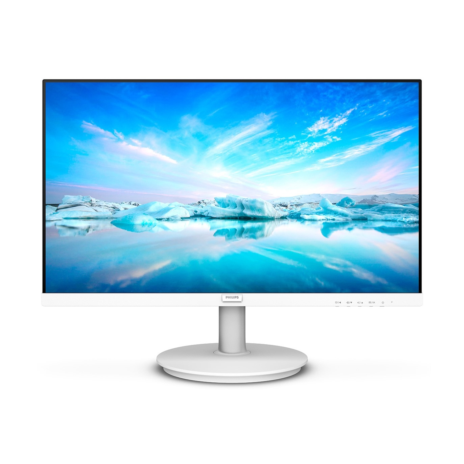 Un monitor Philips bianco mostra un paesaggio con iceberg, cielo blu e nuvole. Il monitor ha un supporto bianco.