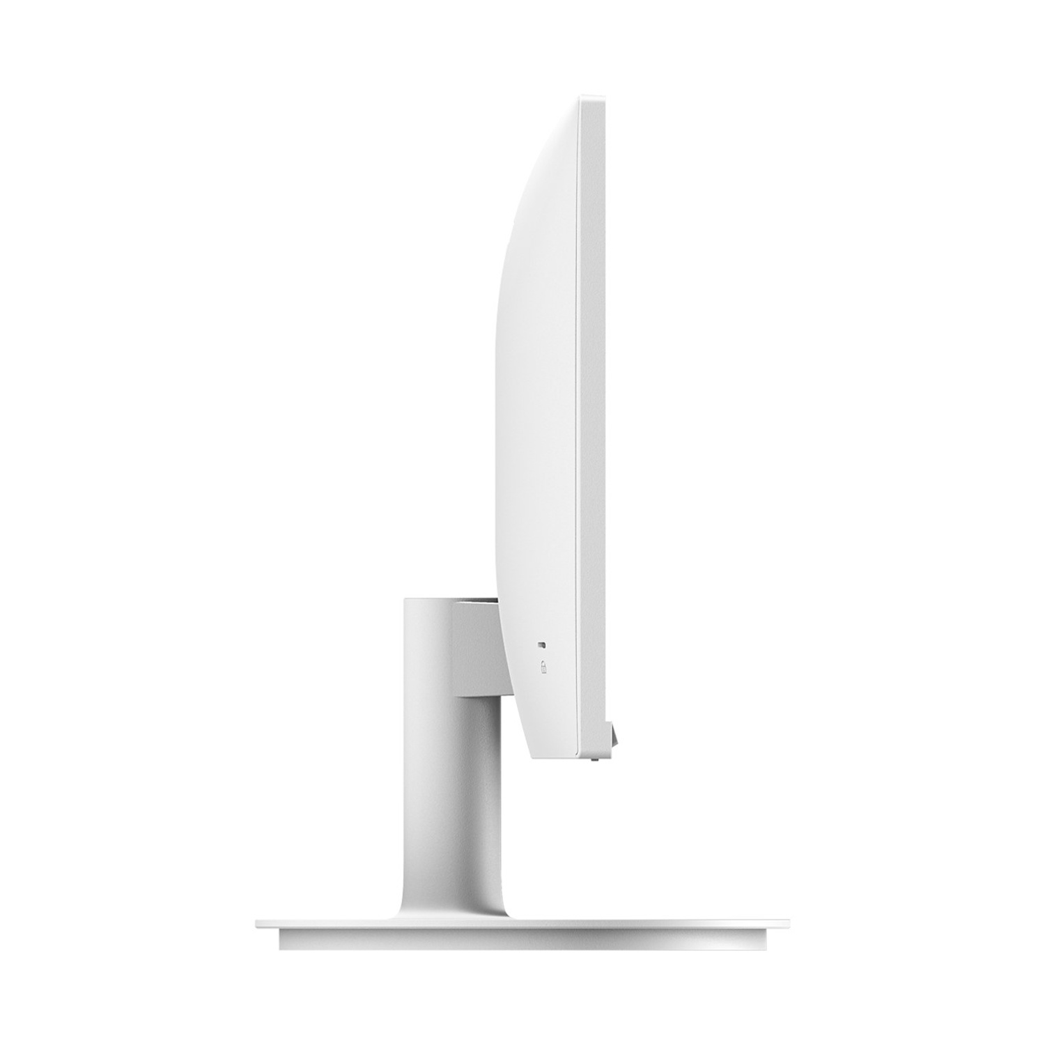 Vista laterale di un monitor per computer bianco. Ha uno schermo rettangolare, supportato da un supporto. Lo sfondo è bianco.