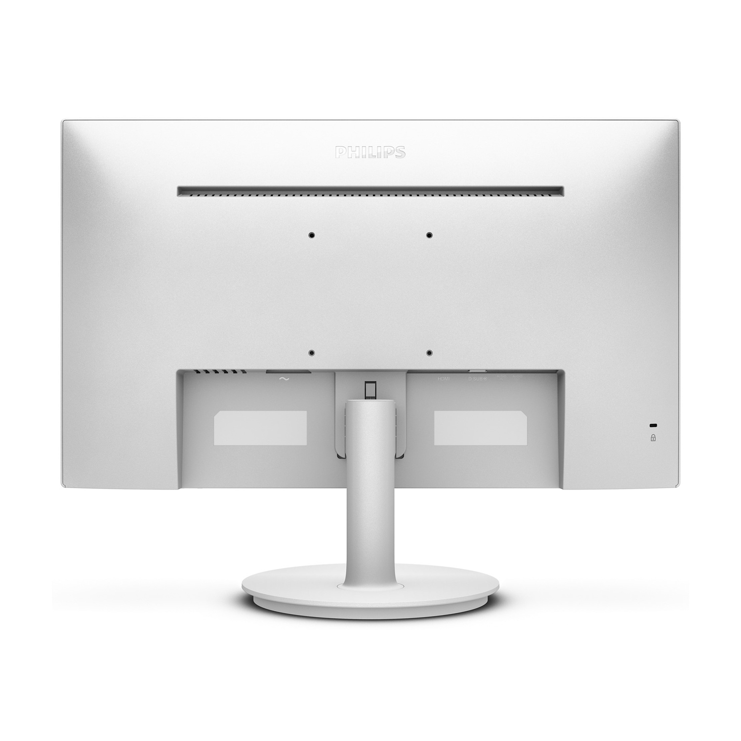 Retro di un monitor Philips bianco. Ha un supporto e diverse porte in basso. Il logo Philips è in alto.