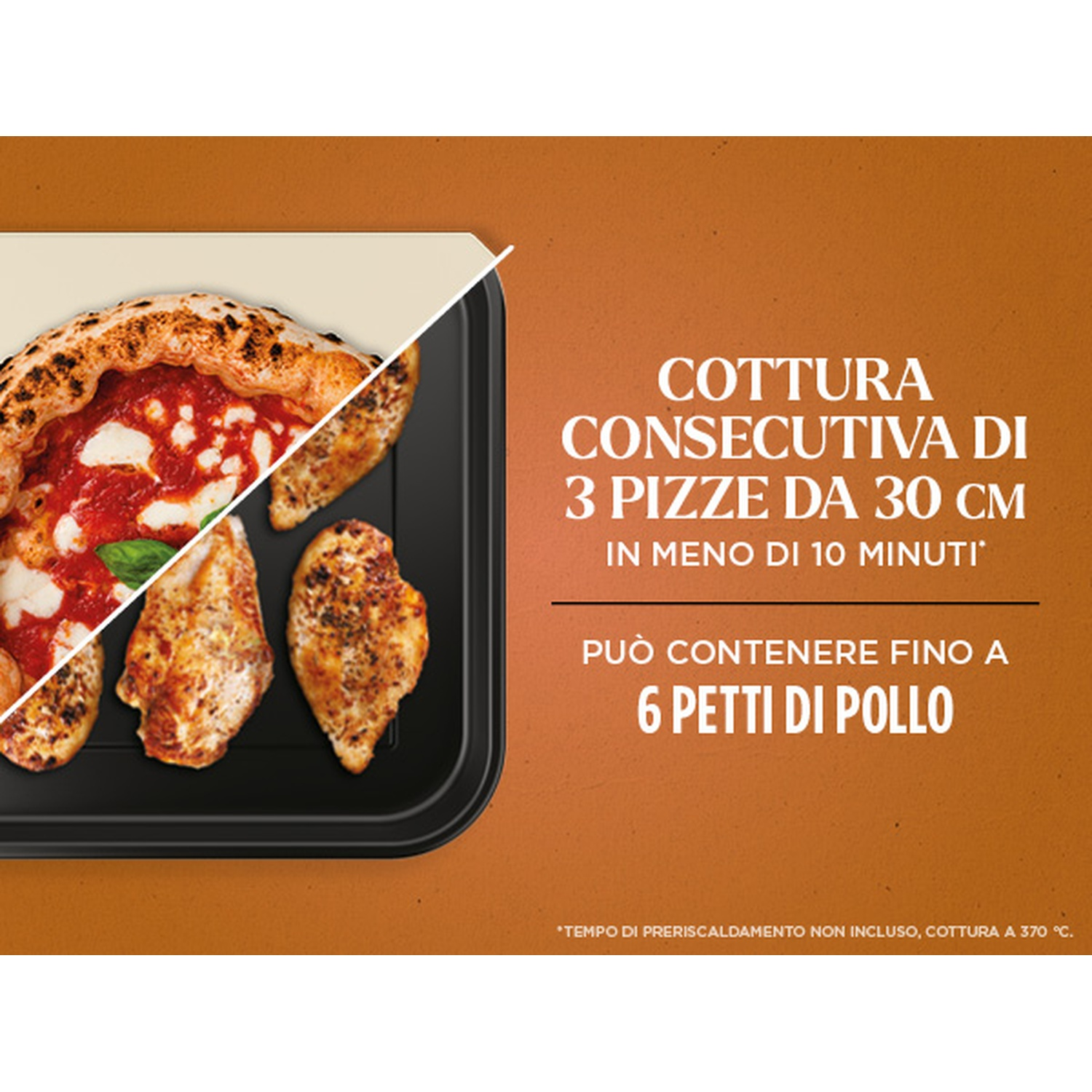 Pizza e pollo su un vassoio nero. Il testo menziona la cottura consecutiva di pizze e petti di pollo.
