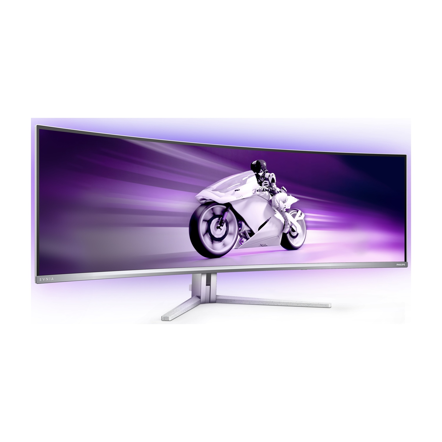 Un monitor curvo mostra una moto futuristica che corre su uno sfondo viola. Il monitor è argento con un supporto bianco.