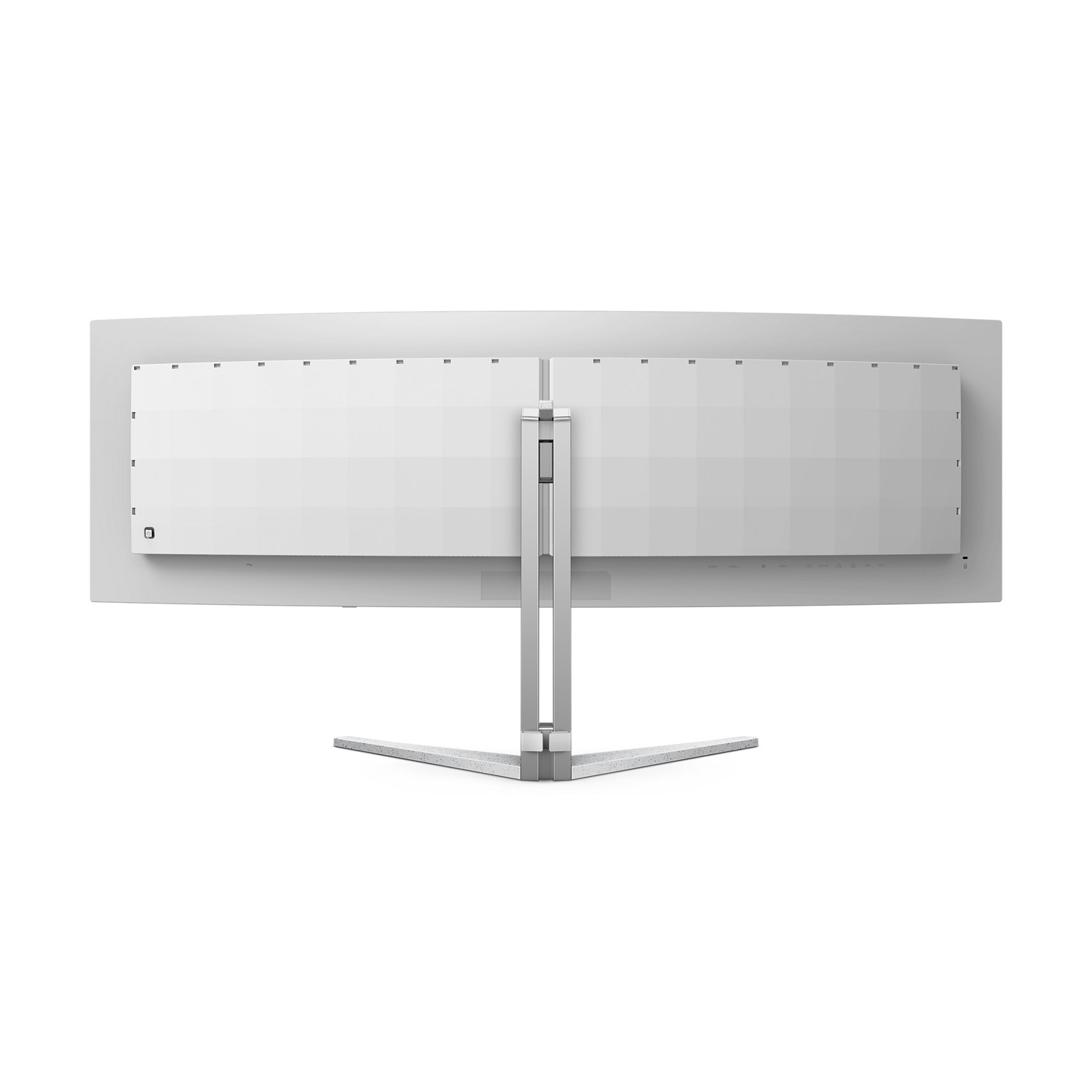 Un monitor per computer curvo e bianco. Ha un supporto argentato e un pannello posteriore bianco. Lo schermo è vuoto.