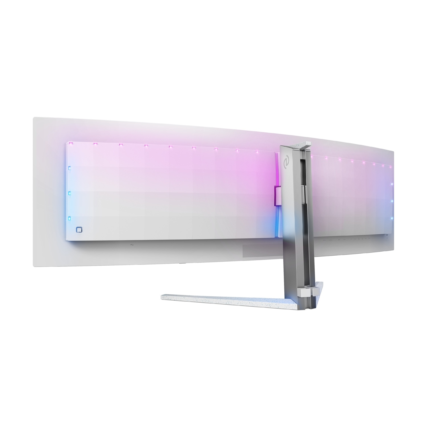 Un monitor di computer bianco curvo con illuminazione RGB sul retro. Ha un supporto argentato ed è isolato su sfondo bianco.