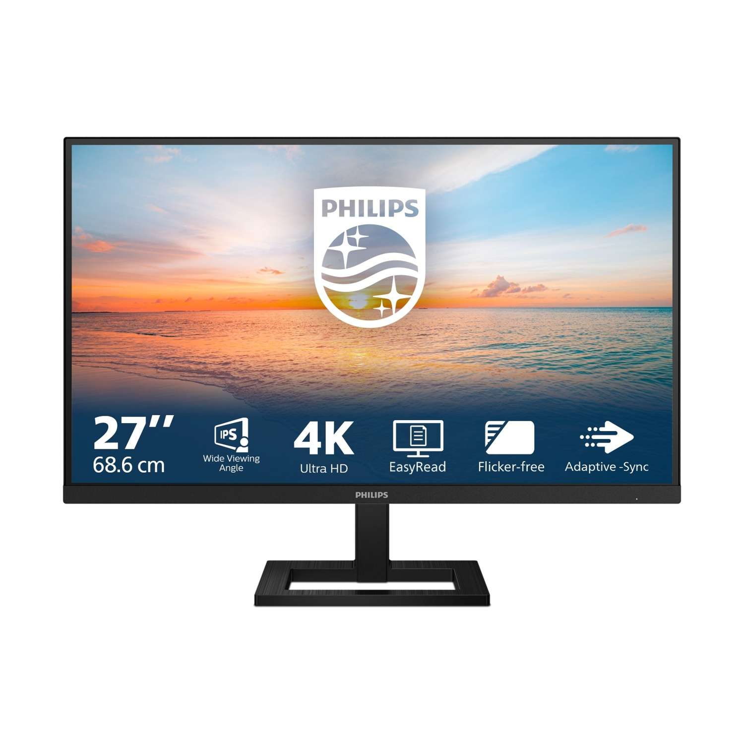 Un monitor Philips mostra un tramonto sull'oceano. Caratteristiche: 27", 4K, IPS, EasyRead, Flicker-free, Adaptive Sync.