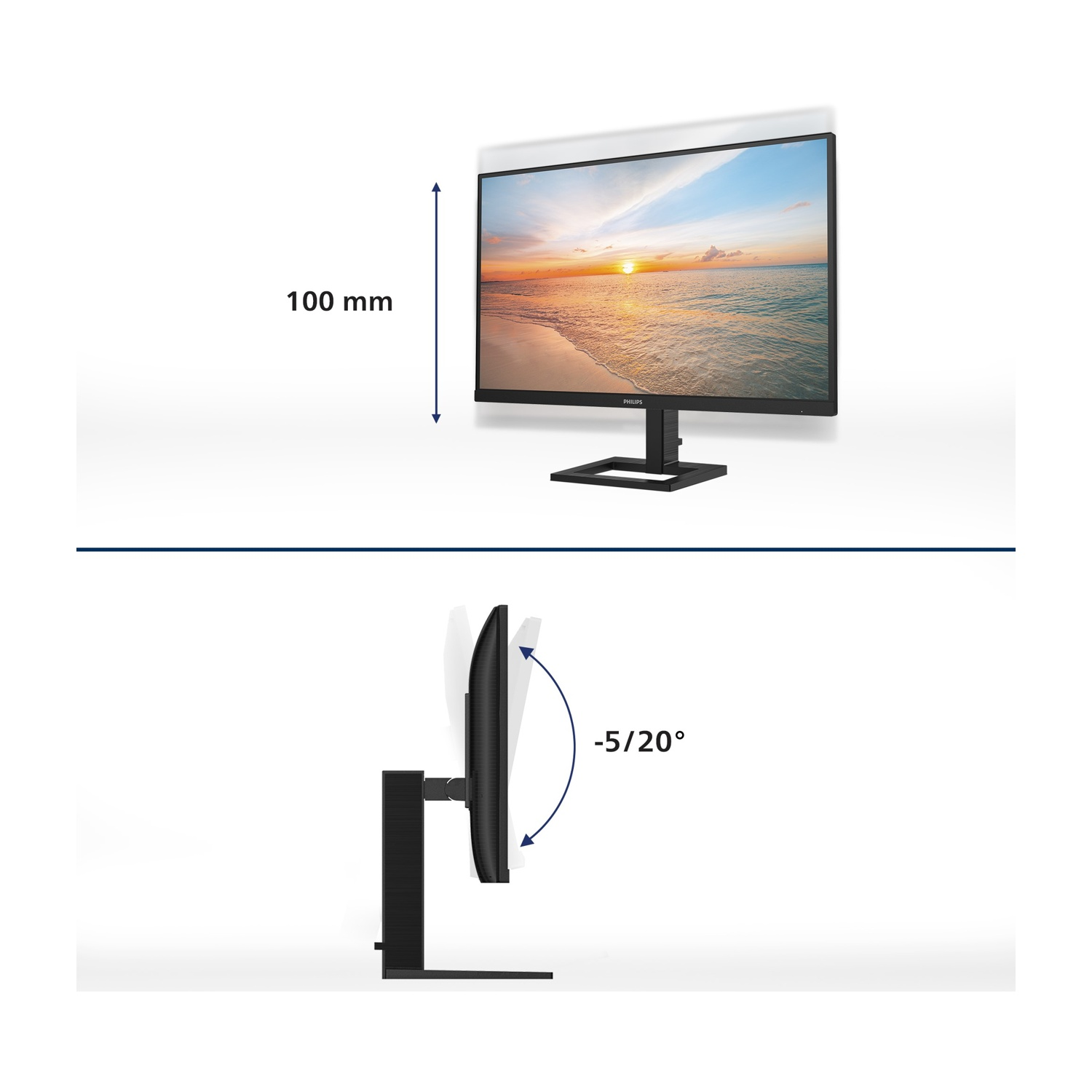 Un monitor del computer nero mostra una scena di spiaggia. Ha un supporto nero. Il monitor può inclinarsi da -5 a 20 gradi.