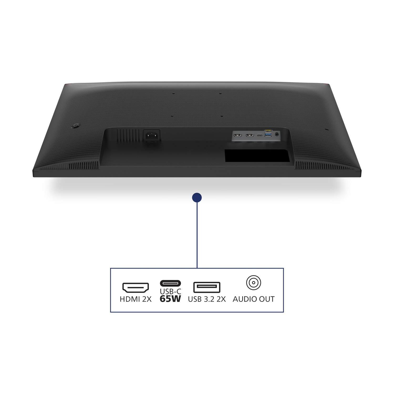 Retro di un monitor nero con porte HDMI, USB-C, USB 3.2 e uscita audio. Su sfondo bianco.