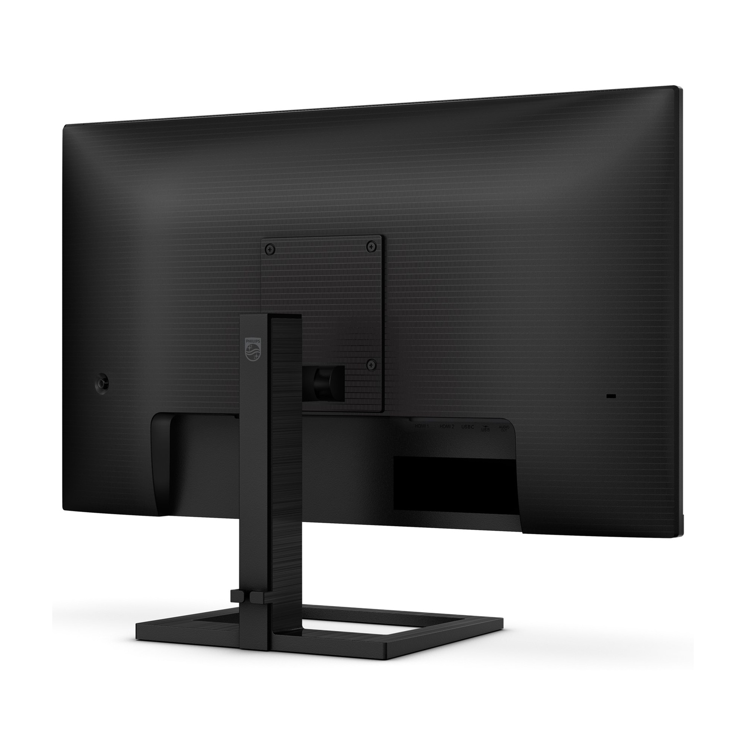 Retro di un monitor per computer Philips nero. Ha un supporto e porte per HDMI, USB e audio. Lo sfondo è bianco.