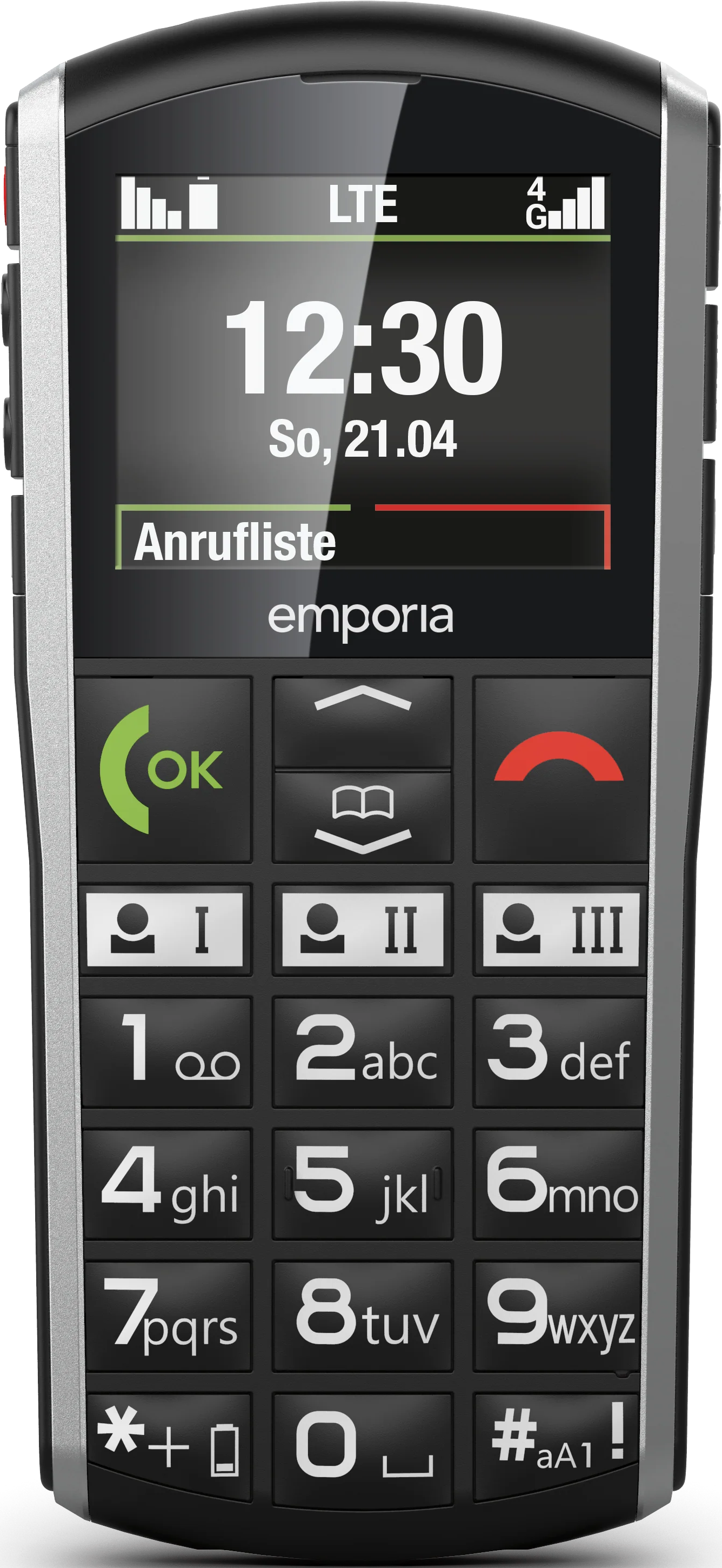 Un téléphone Emporia noir affiche l'heure, la date et l'historique des appels. Il possède un clavier avec de gros boutons et OK.