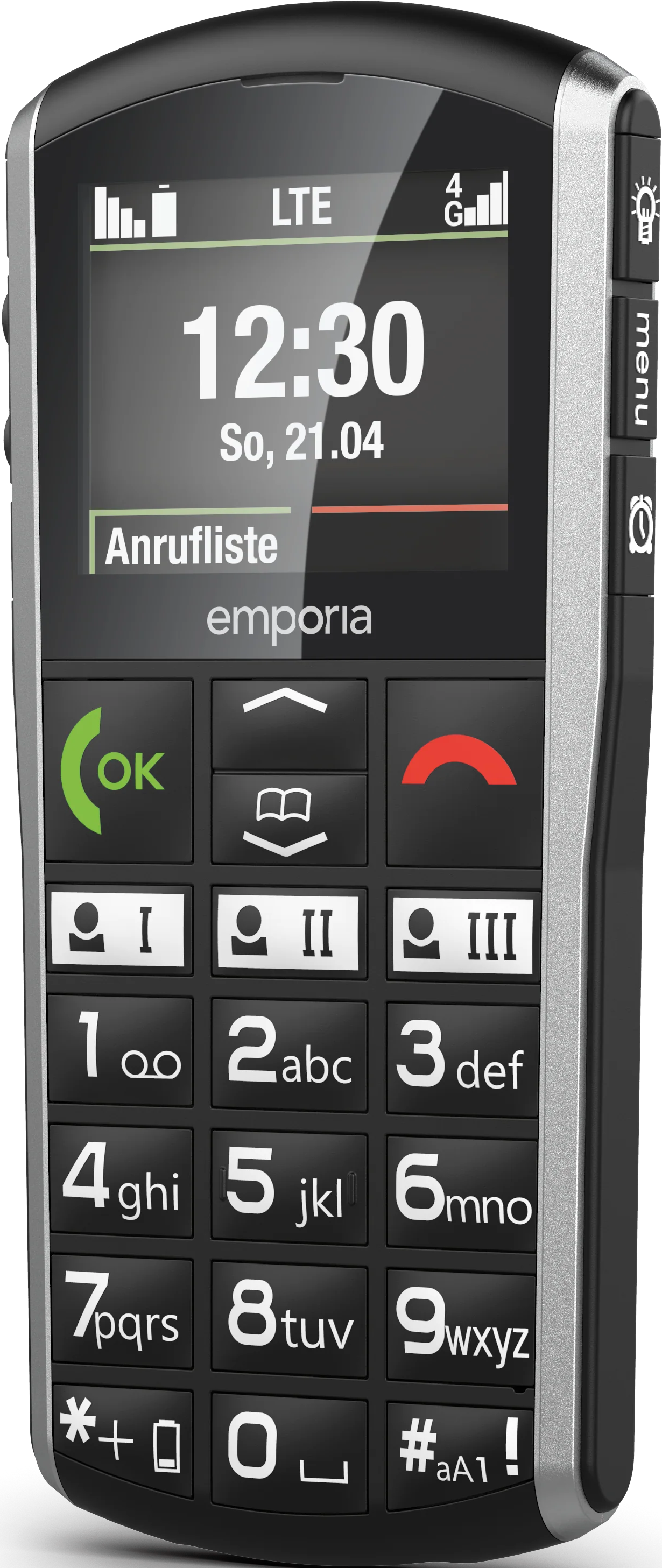 Un téléphone emporia noir affiche l'heure et la date. Il a un bouton OK vert et un bouton rouge de refus d'appel.