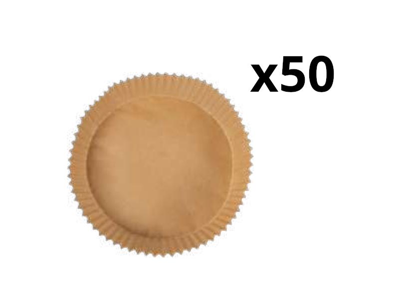 Egy kerek, barna papír sütőpohár fodros szegéllyel. A 'x50' felirat feketével a jobb oldalon.