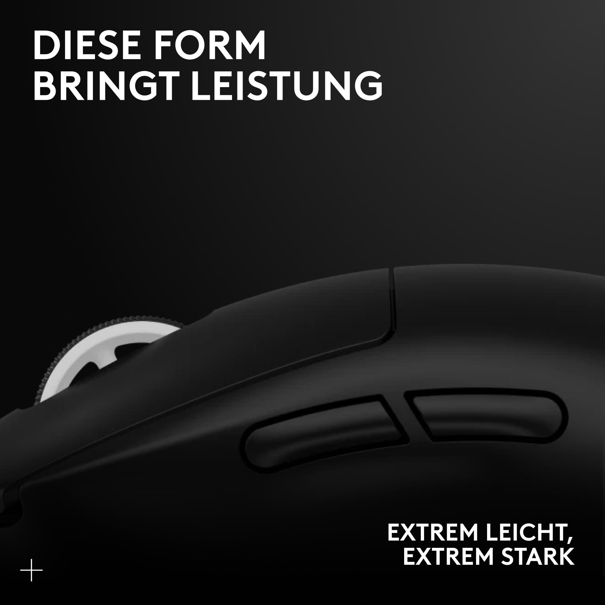 Schwarze Computermaus mit weißem Scrollrad und Seitentasten. Text: 'DIESE FORM BRINGT LEISTUNG' und 'EXTREM LEICHT, EXTREM STARK'.