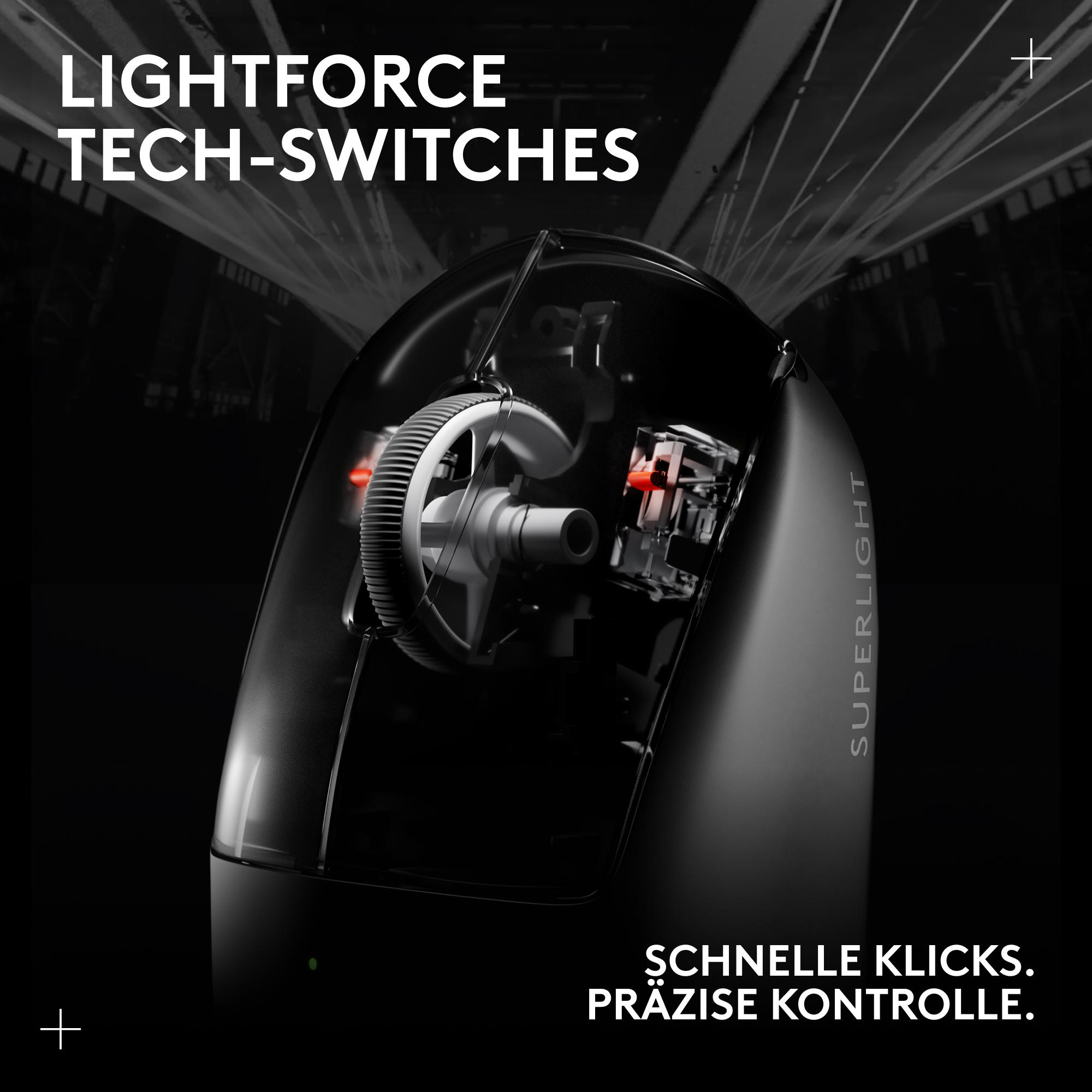 Schwarze Maus mit sichtbaren Innengängen und roten Lichtern. Text lautet 'LIGHTFORCE TECH-SWITCHES' und 'SUPERLIGHT'.