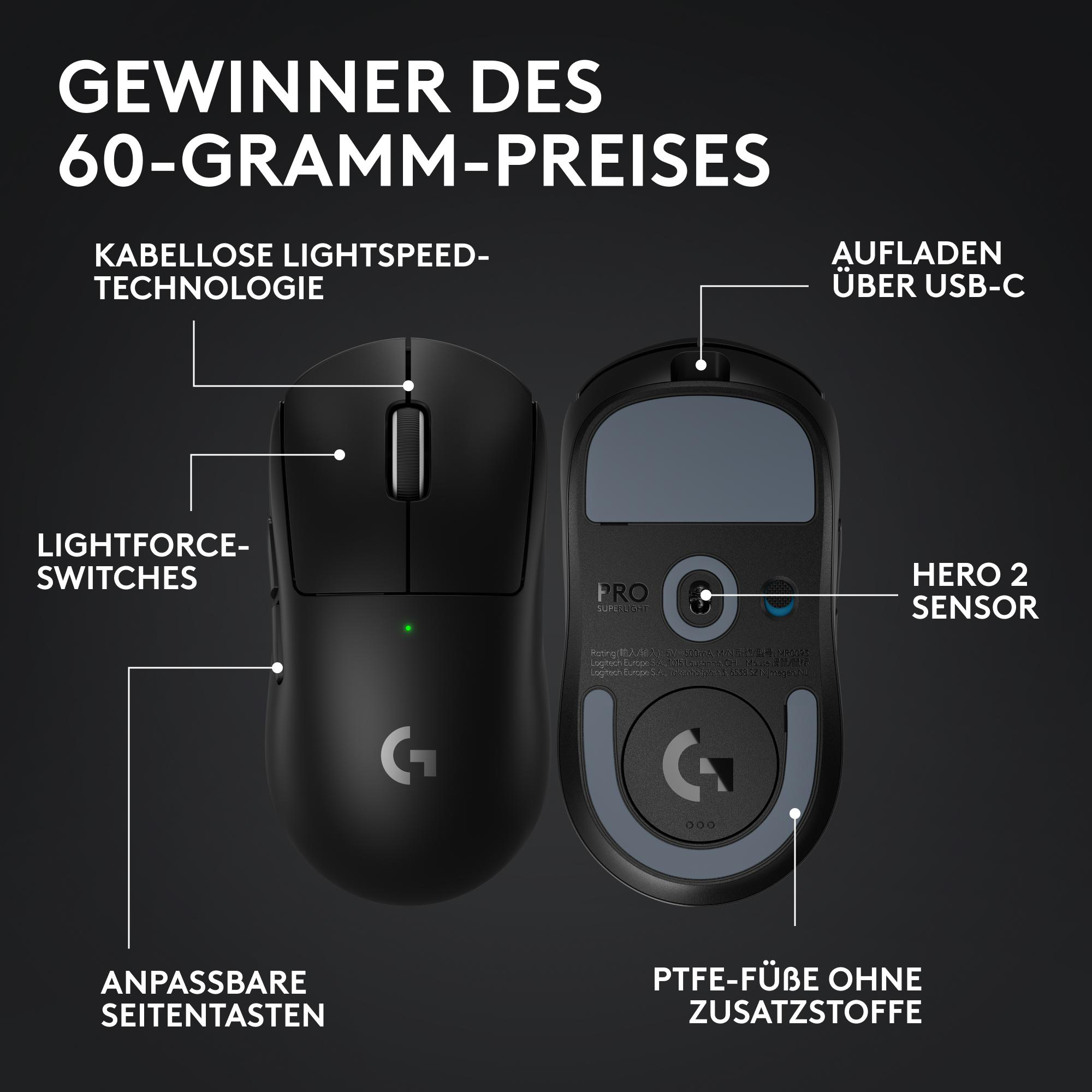 Schwarze Logitech-Gaming-Maus, gekennzeichnet mit Funktionen wie Lightspeed-Technologie, Lightforce-Schaltern und Hero 2 Sensor.