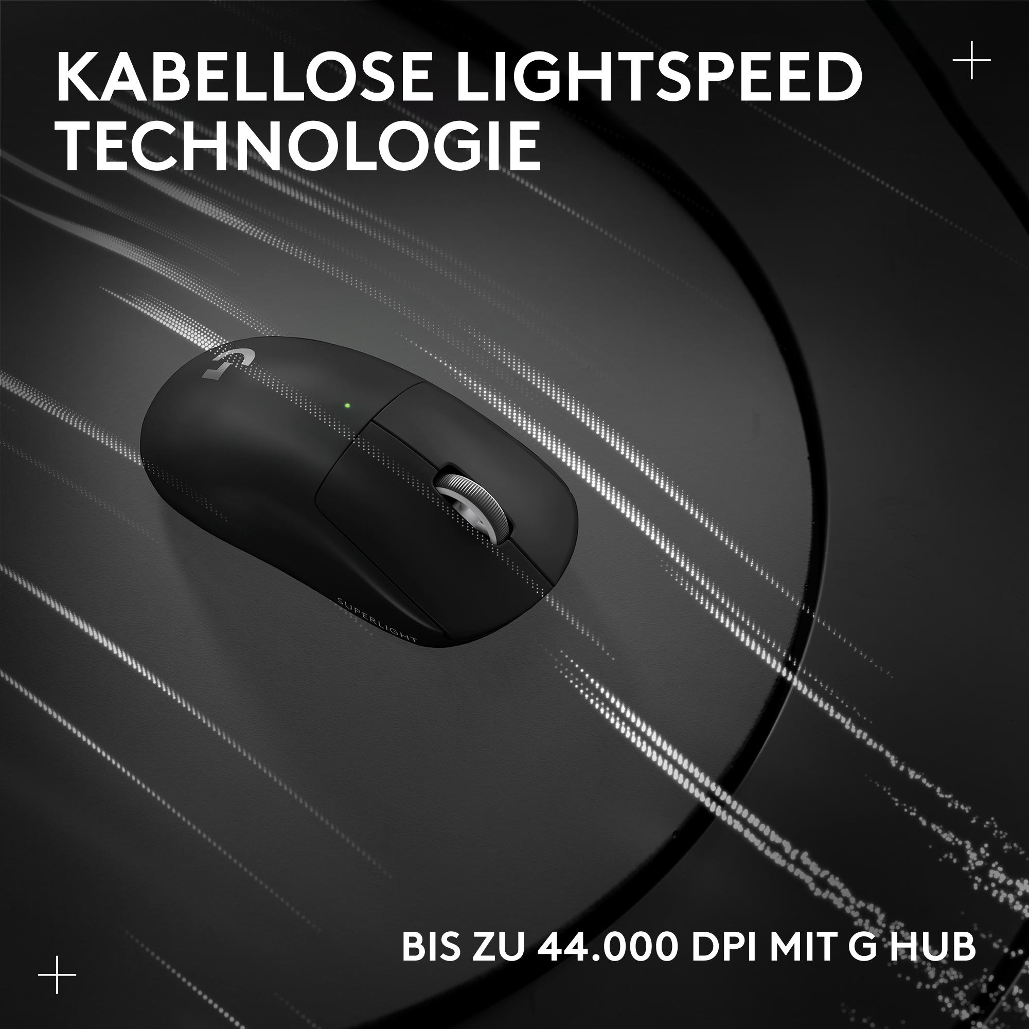 Eine schwarze, kabellose Maus mit Scrollrad und grünem Licht. Der Hintergrund ist dunkel mit weißem Text und Linien.