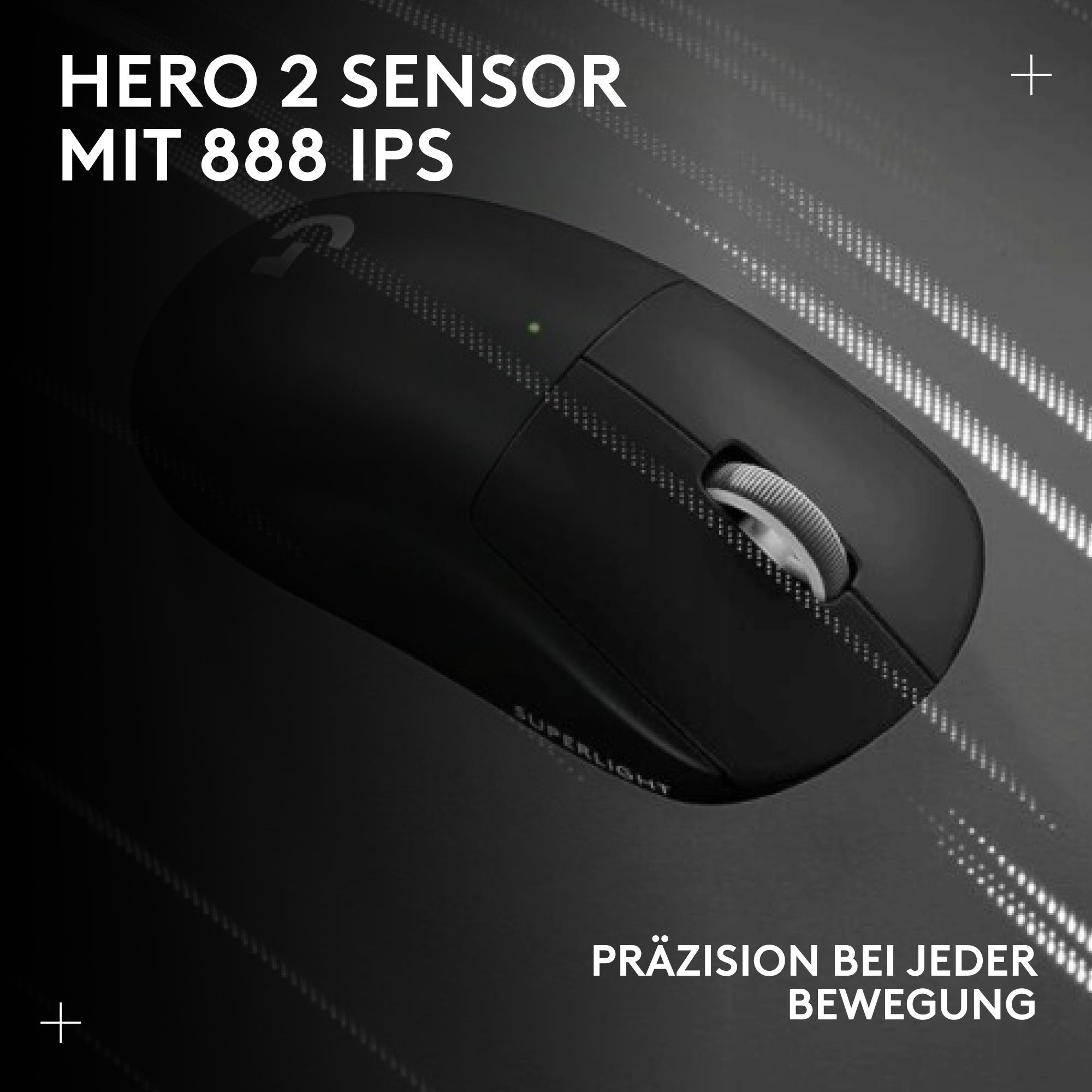 Schwarze kabellose Maus mit Scrollrad. Text: HERO 2 SENSOR MIT 888 IPS, Präzision bei jeder Bewegung. Superlight.