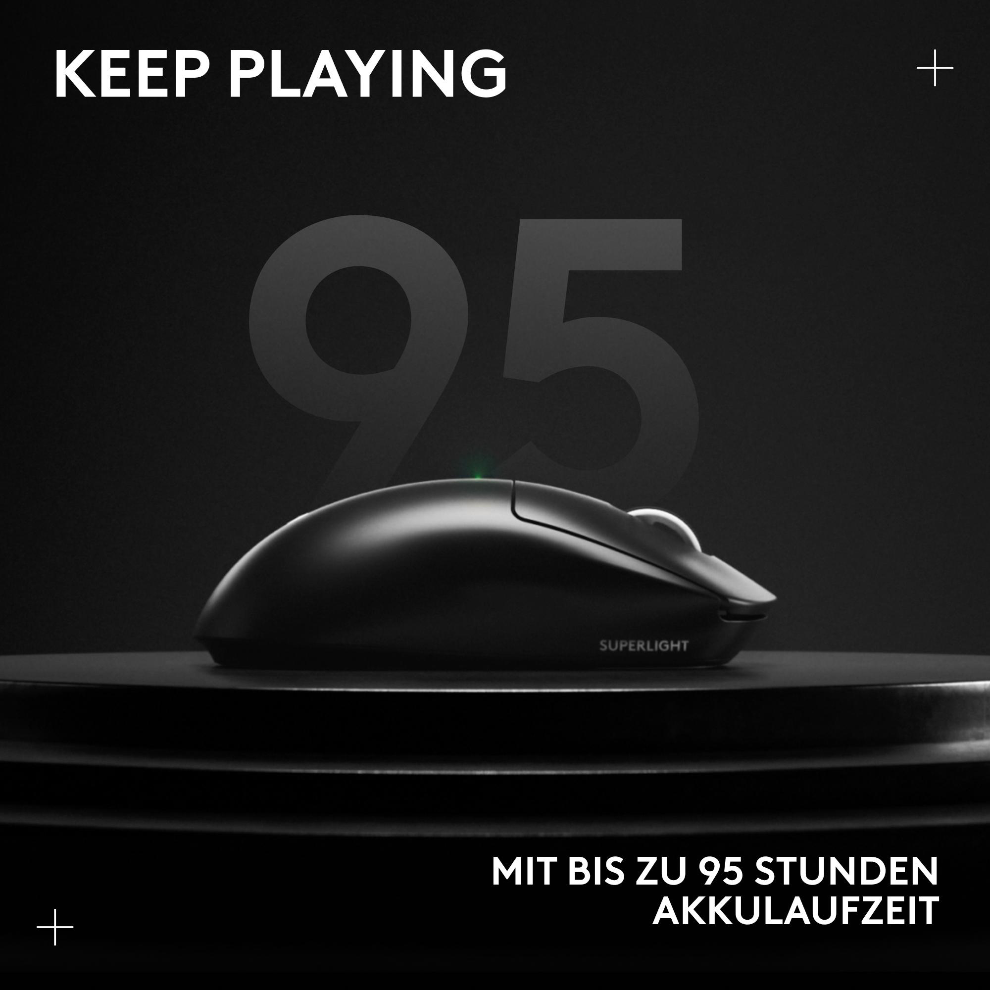 Schwarze Gaming-Maus auf einem Ständer, mit großer Zahl 95 im Hintergrund. Der Text lautet 'Keep Playing' und Akkulaufzeit.