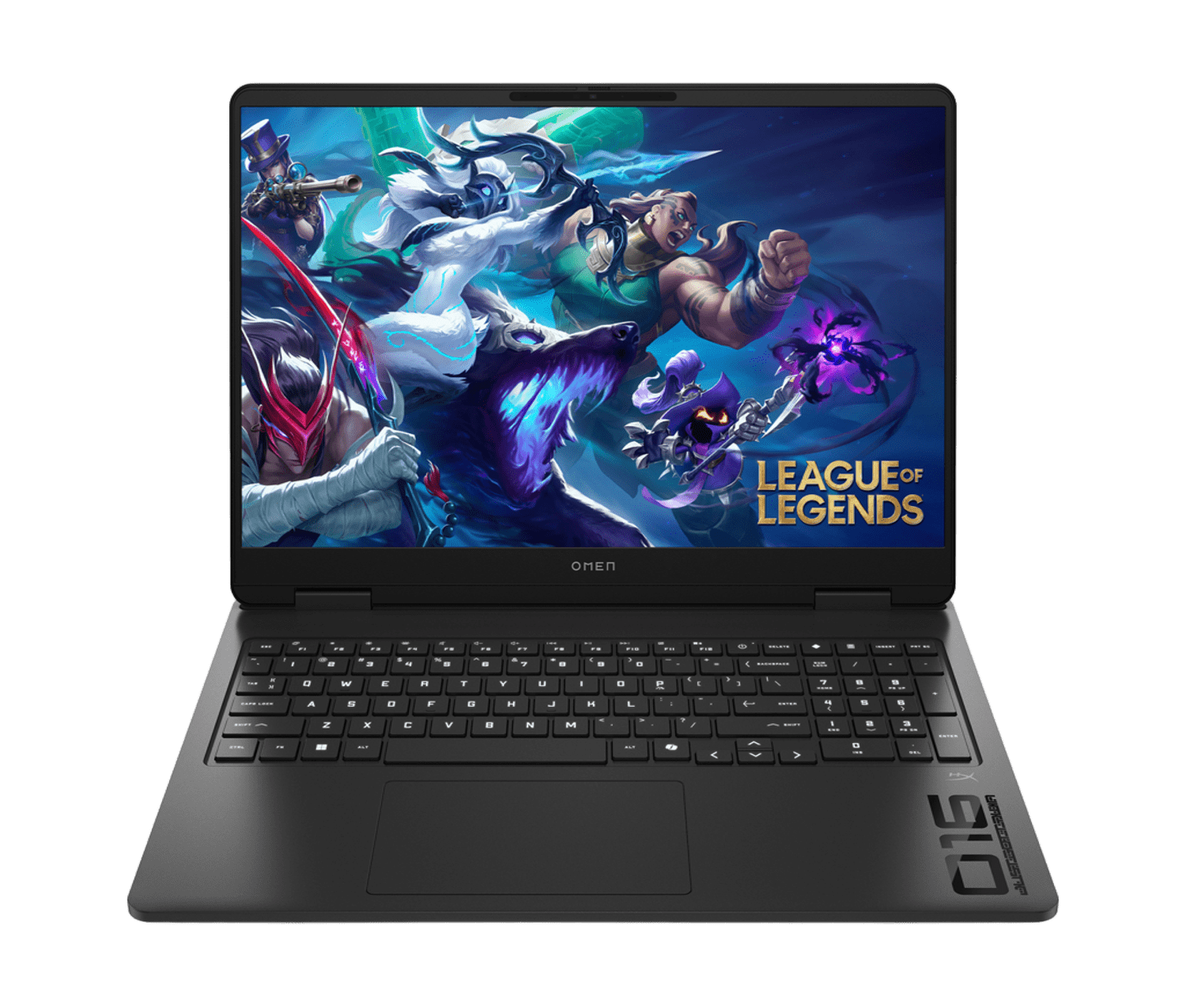 Portátil Omen negro muestra una escena de League of Legends. Teclado y panel táctil visibles. El fondo es verde.