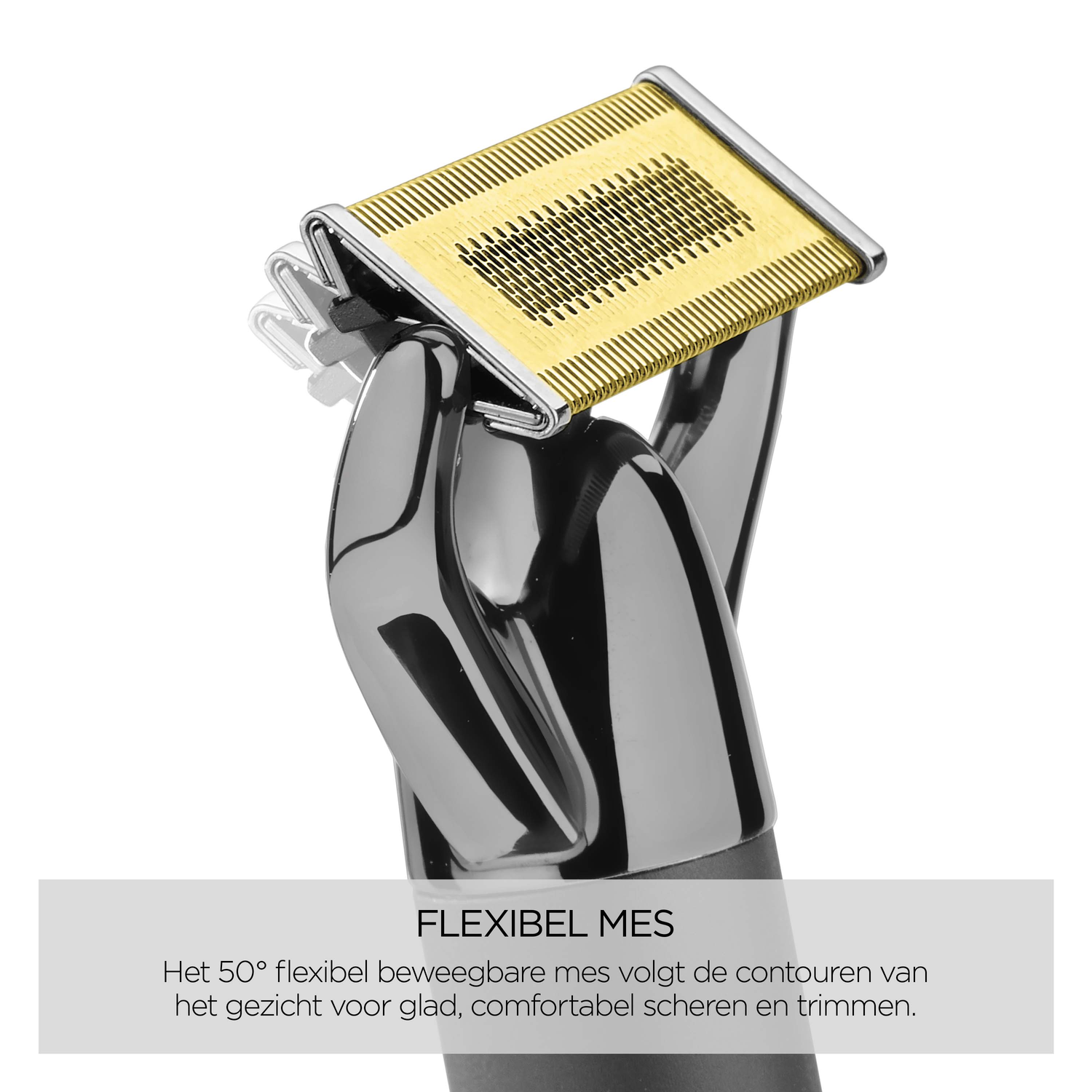 Close-up of a metallic razor blade. The blade is gold and silver, with a black handle. The background is white.