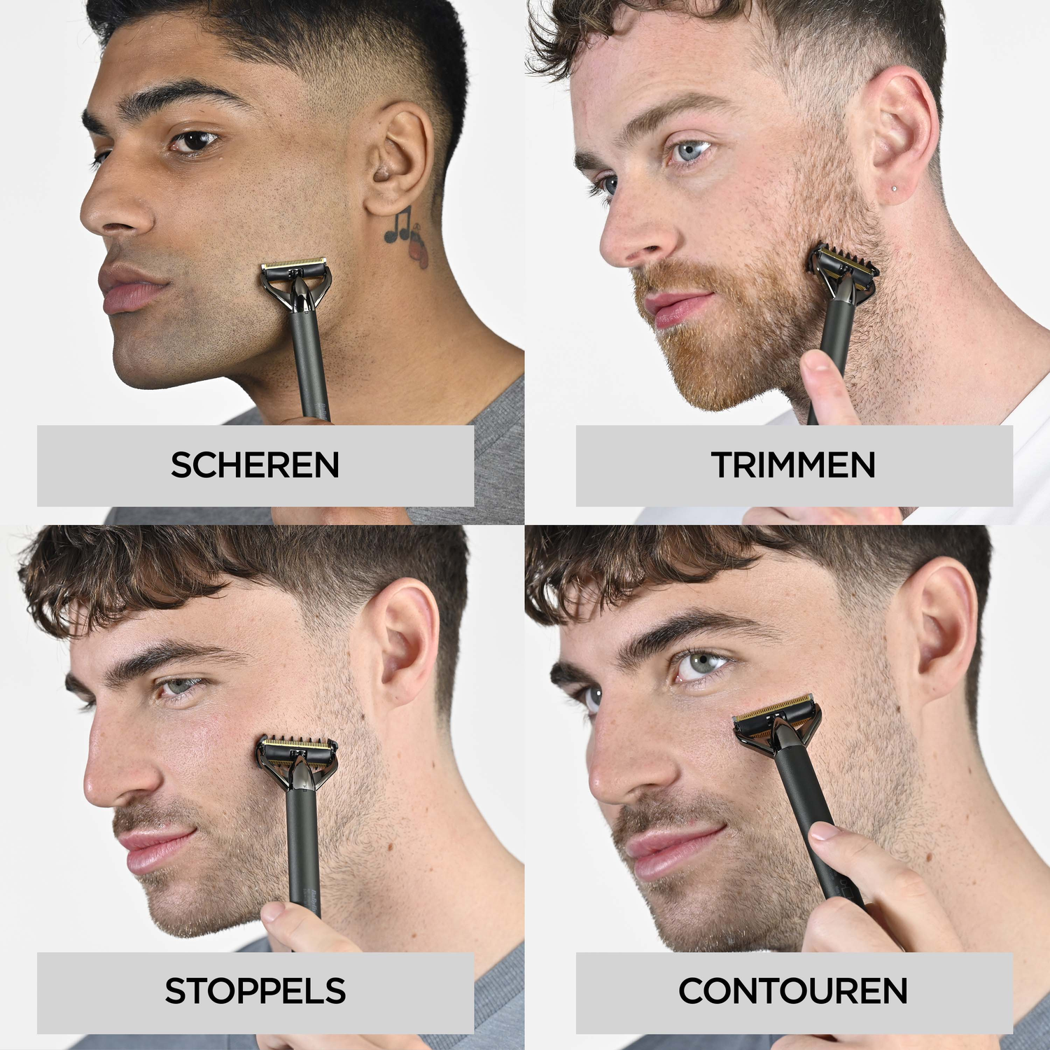 Four men shaving with a black razor. Each image shows a different shaving technique. Texts below each image, in German and Dutch.