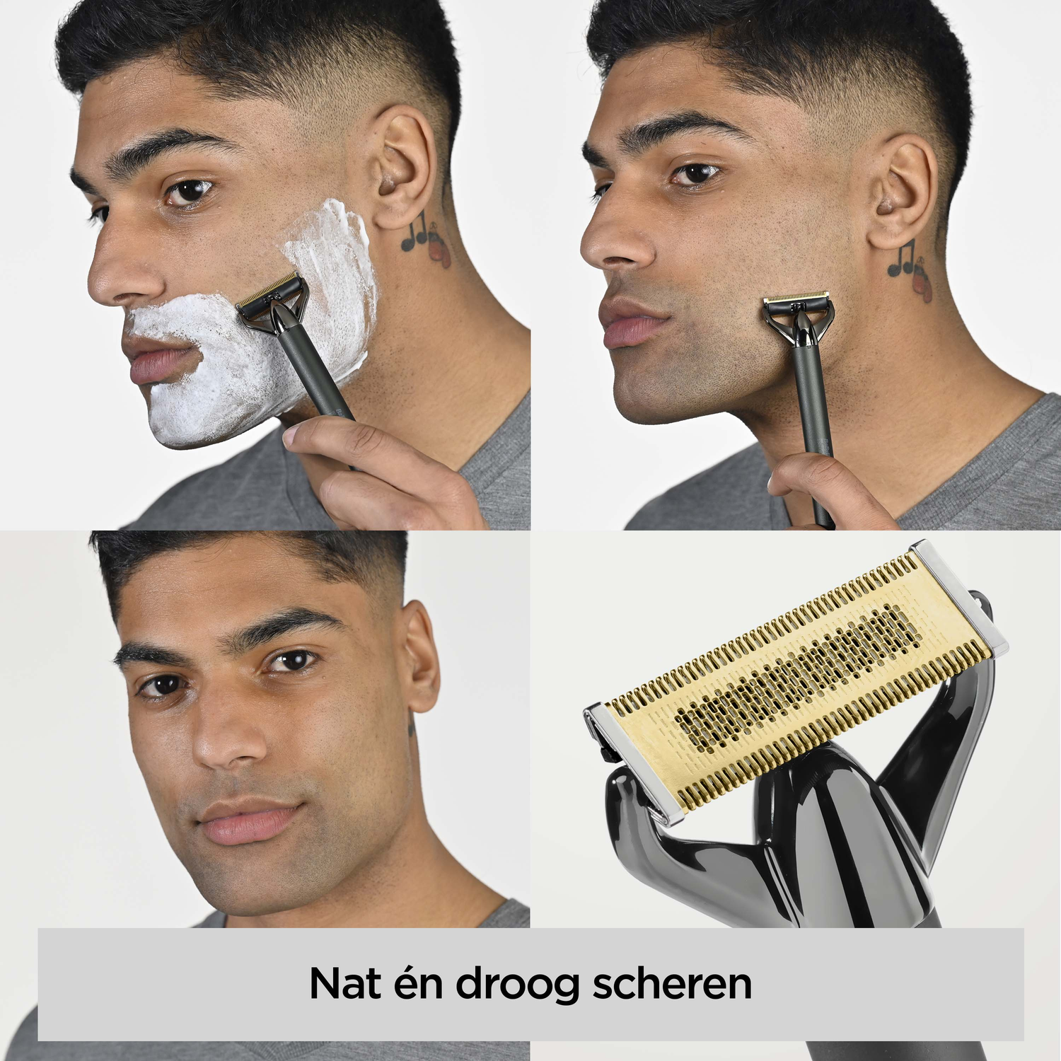 A man shaves his face with a razor. The image shows the process: with shaving cream, shaving, and the razor detail.