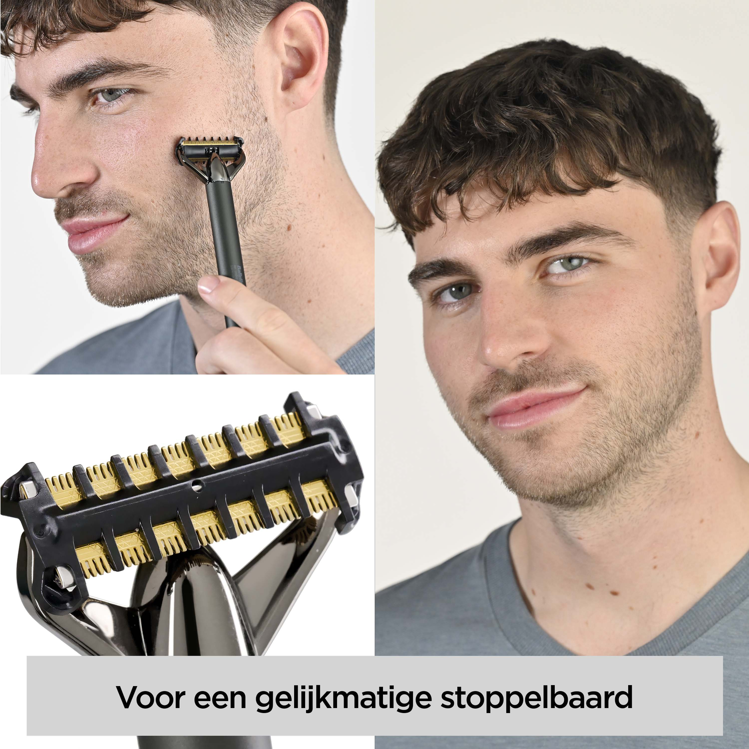Man shaves with a black razor. Close-ups show the razor and the man's face. Text below says 'For an even stubble'.
