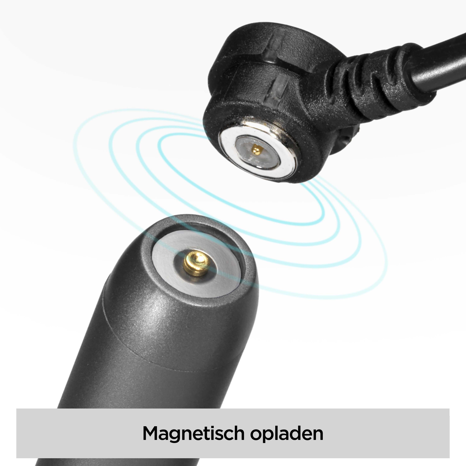 Black magnetic charging cable. Two ends with gold-colored contacts. Blue circular lines around the charging points. Text: Magnetisch opladen.