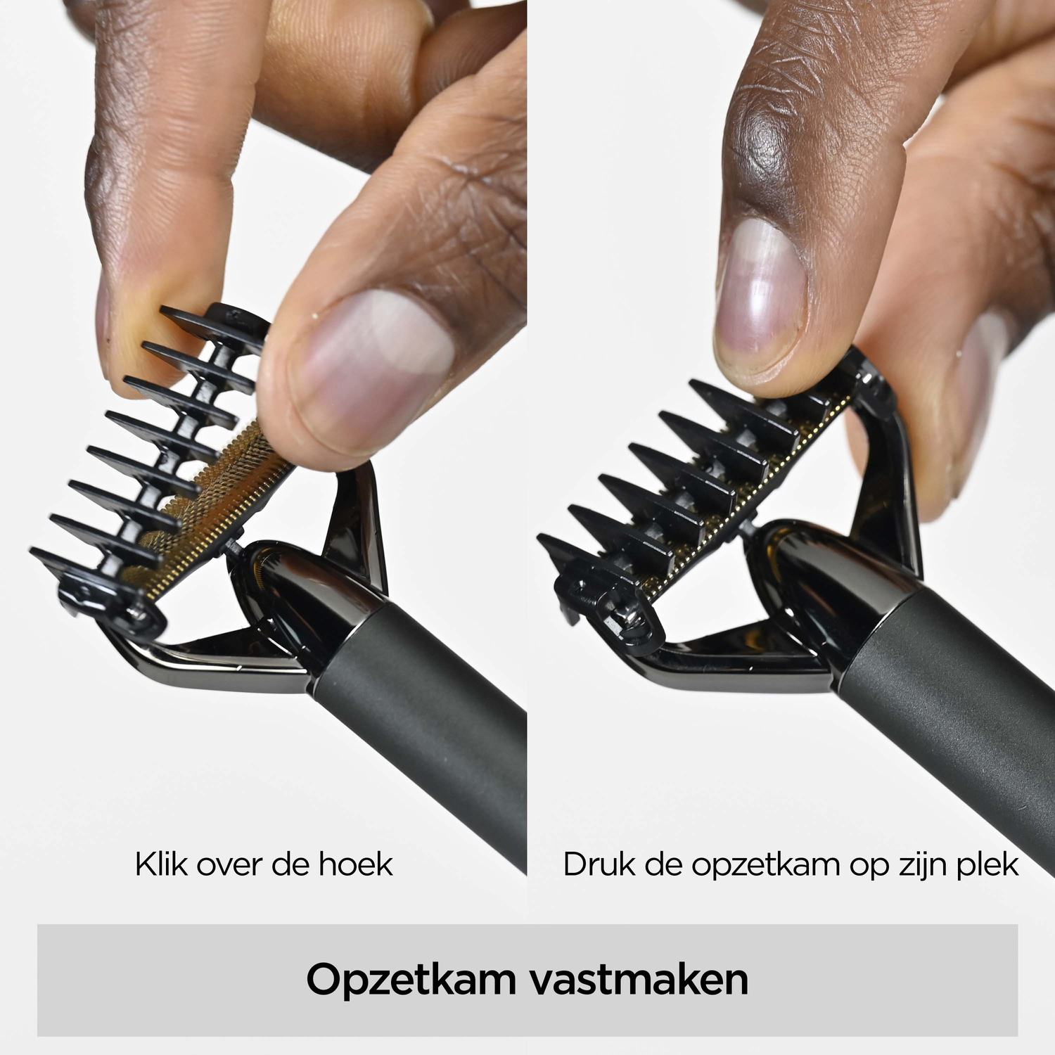 Hands attaching a black comb attachment to a black trimmer. Instructions below: click over the corner, and press the comb into place.