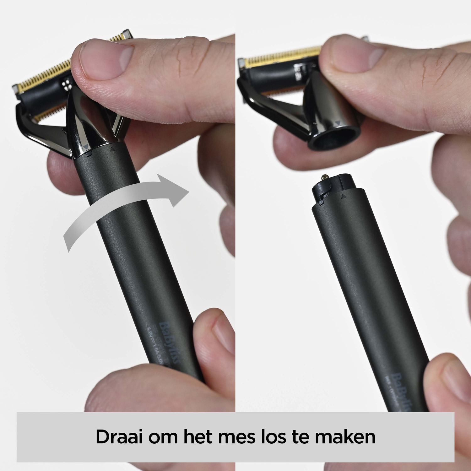 A black and silver razor being disassembled. The blade section detaches from the handle, showing the internal mechanism.