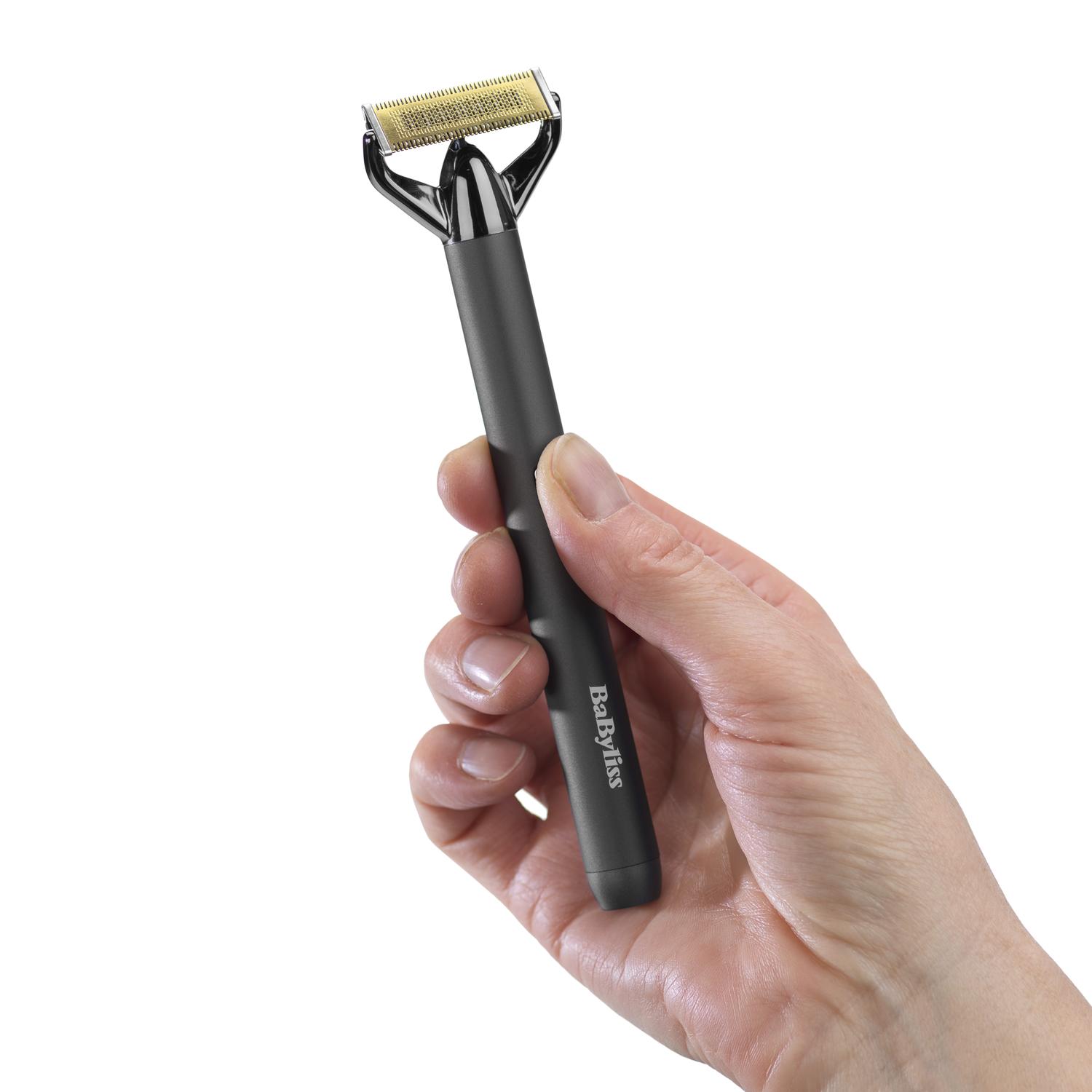 A hand holds a black Babyliss shaver with a gold blade against a white background. The shaver is held at an angle.