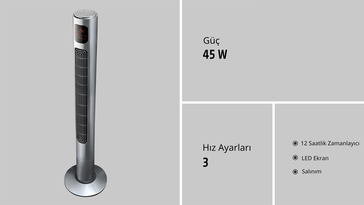 Gümüş kule fanı. Ekranlar: 24, 45W, 3 hız, 12 saat zamanlayıcı, LED ekran, salınım. Gri arka plan.
