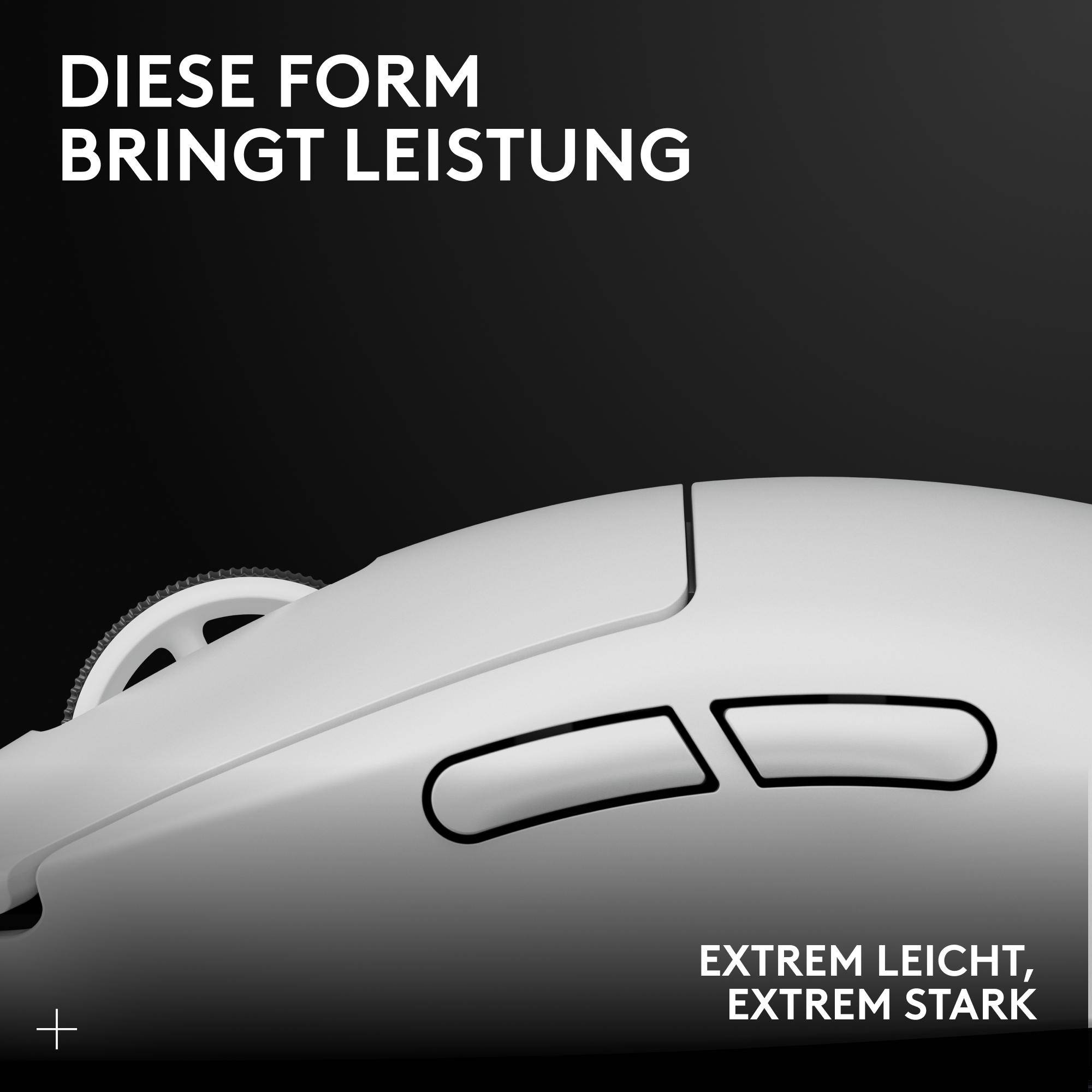 Weiße Maus mit schwarzen Akzenten, Text lautet 'DIESE FORM BRINGT LEISTUNG' und 'EXTREM LEICHT, EXTREM STARK' auf schwarzem Hintergrund.