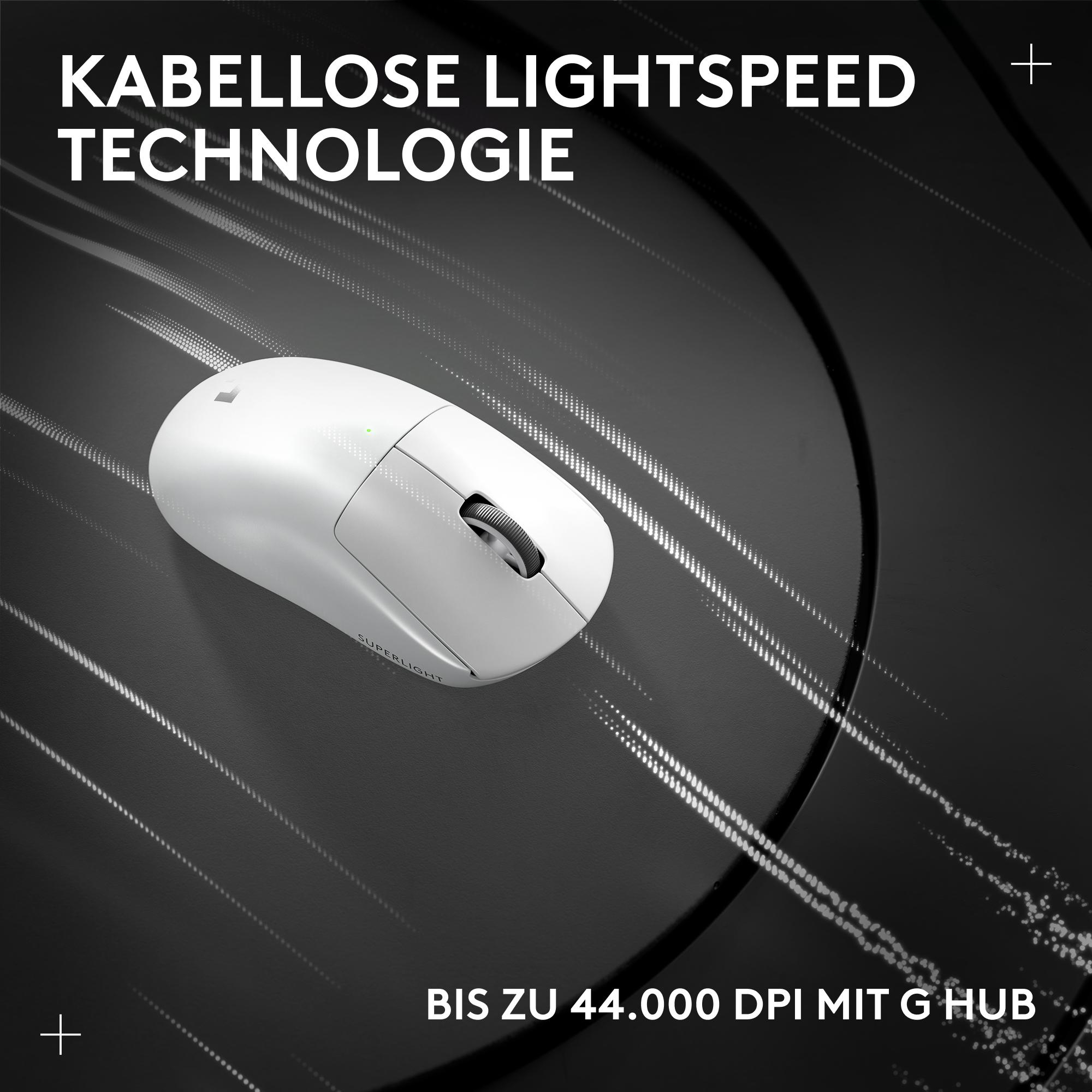 Eine weiße kabellose Maus mit schwarzem Scrollrad auf einer schwarzen Oberfläche. Text lautet 'Kabellose Lightspeed Technologie'.
