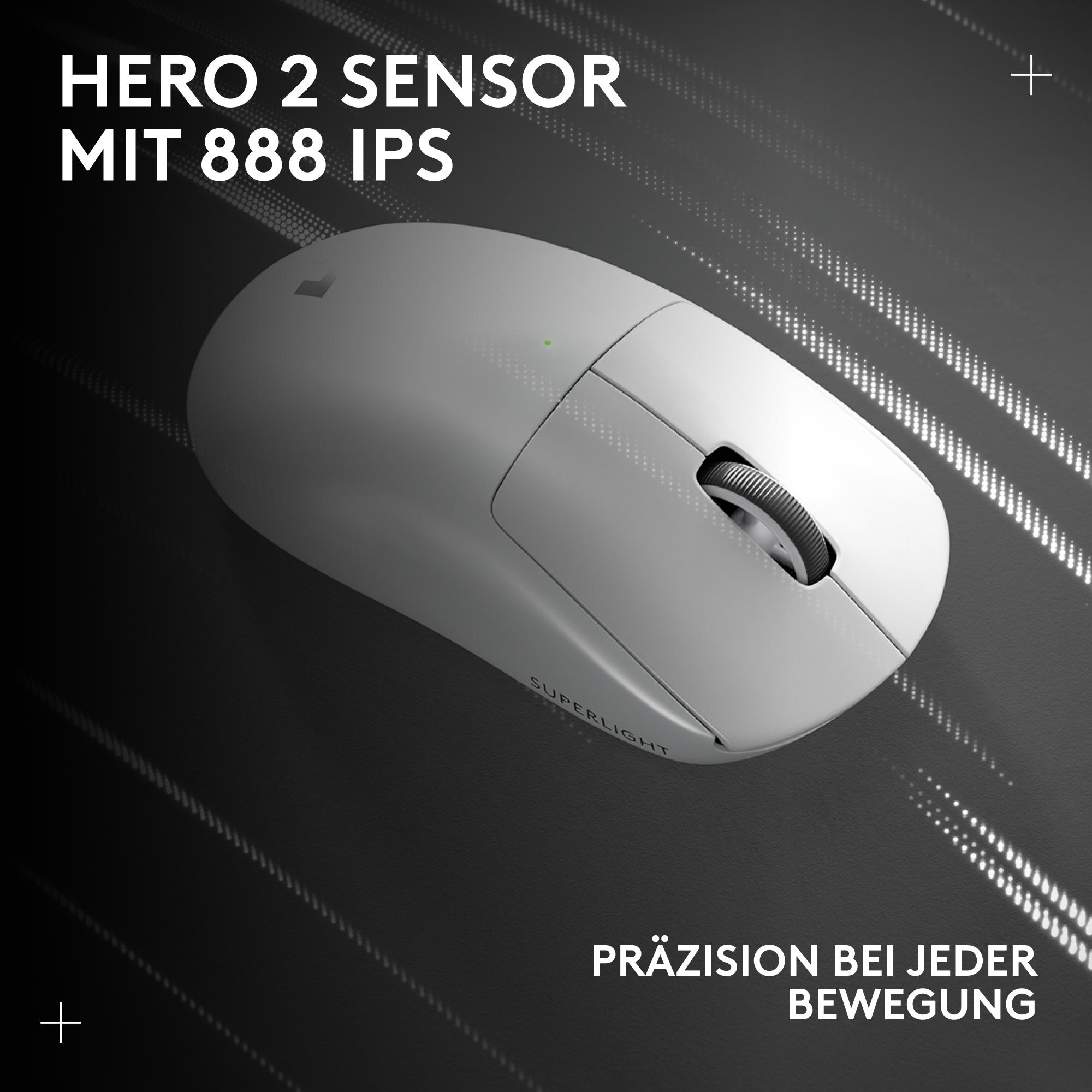 Eine weiße Maus mit dem Text 'HERO 2 SENSOR' auf dunkler Oberfläche. Die Maus ist mit 'SUPERLIGHT' beschriftet. Text: 'Präzision'.