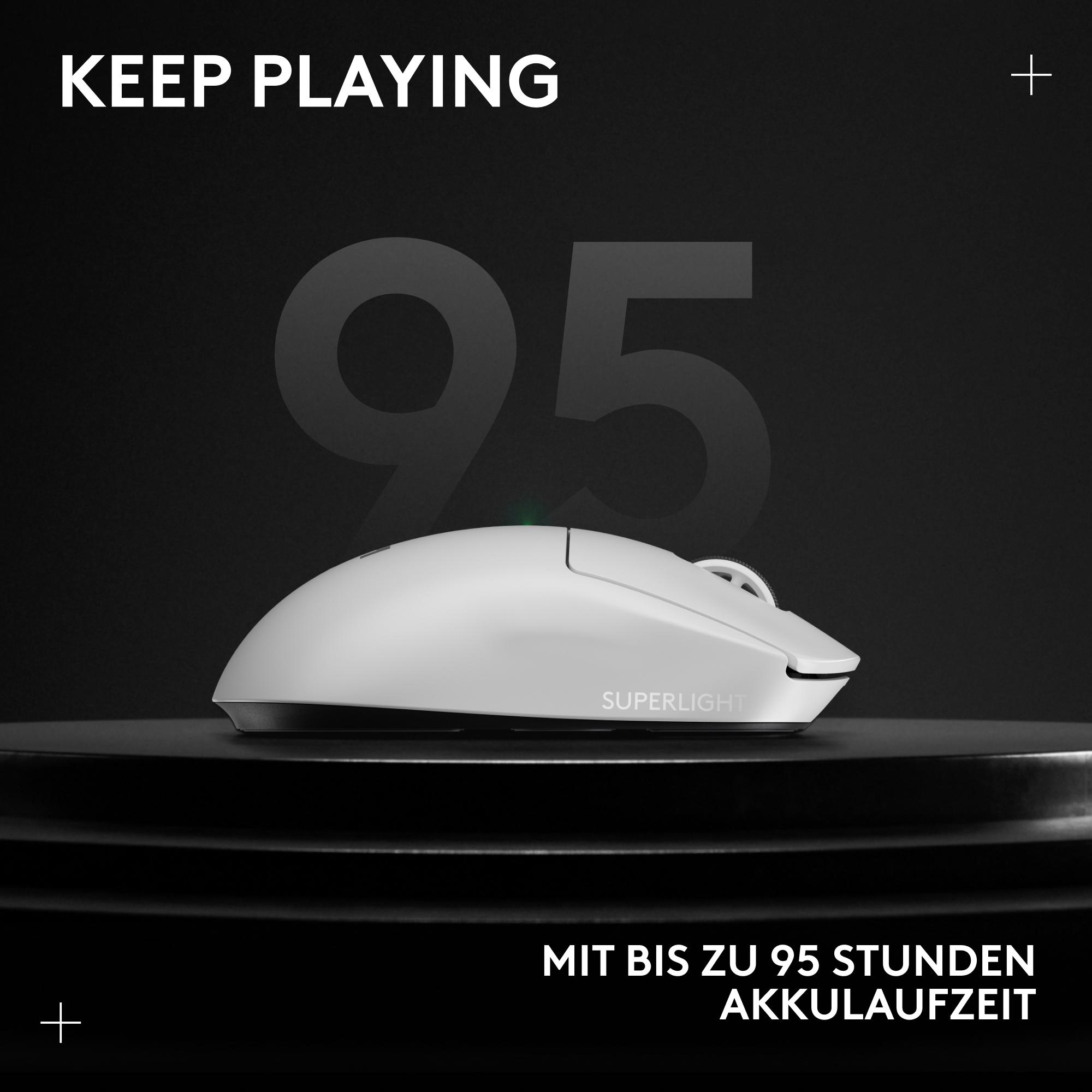Eine weiße Gaming-Maus mit 'SUPERLIGHT'. 'KEEP PLAYING' und Details zur Akkulaufzeit werden angezeigt.