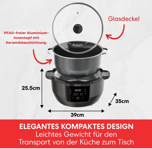 Ein schwarzer Instant-Topf mit Glasdeckel, Maße angegeben. Textbeschriftungen beschreiben Keramikbeschichtung und kompaktes Design.