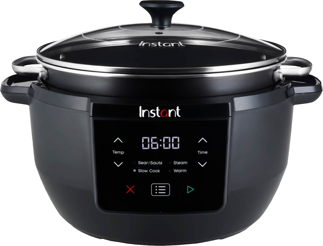 Ein schwarzer Instant Pot mit Glasdeckel. Das Digitaldisplay zeigt 06:00. Tasten für Temperatur, Zeit und Kochmodi sind sichtbar.