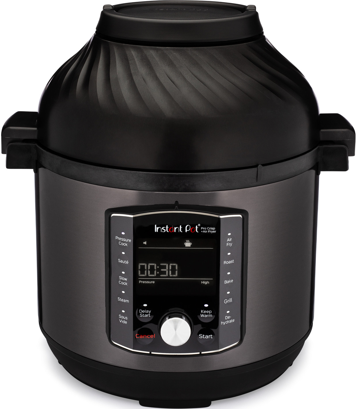 Schwarzer und grauer Instant Pot, Digitalanzeige mit 00:30. Bedienelemente umfassen Druckkochen, Anbraten und Luftfrittieren.